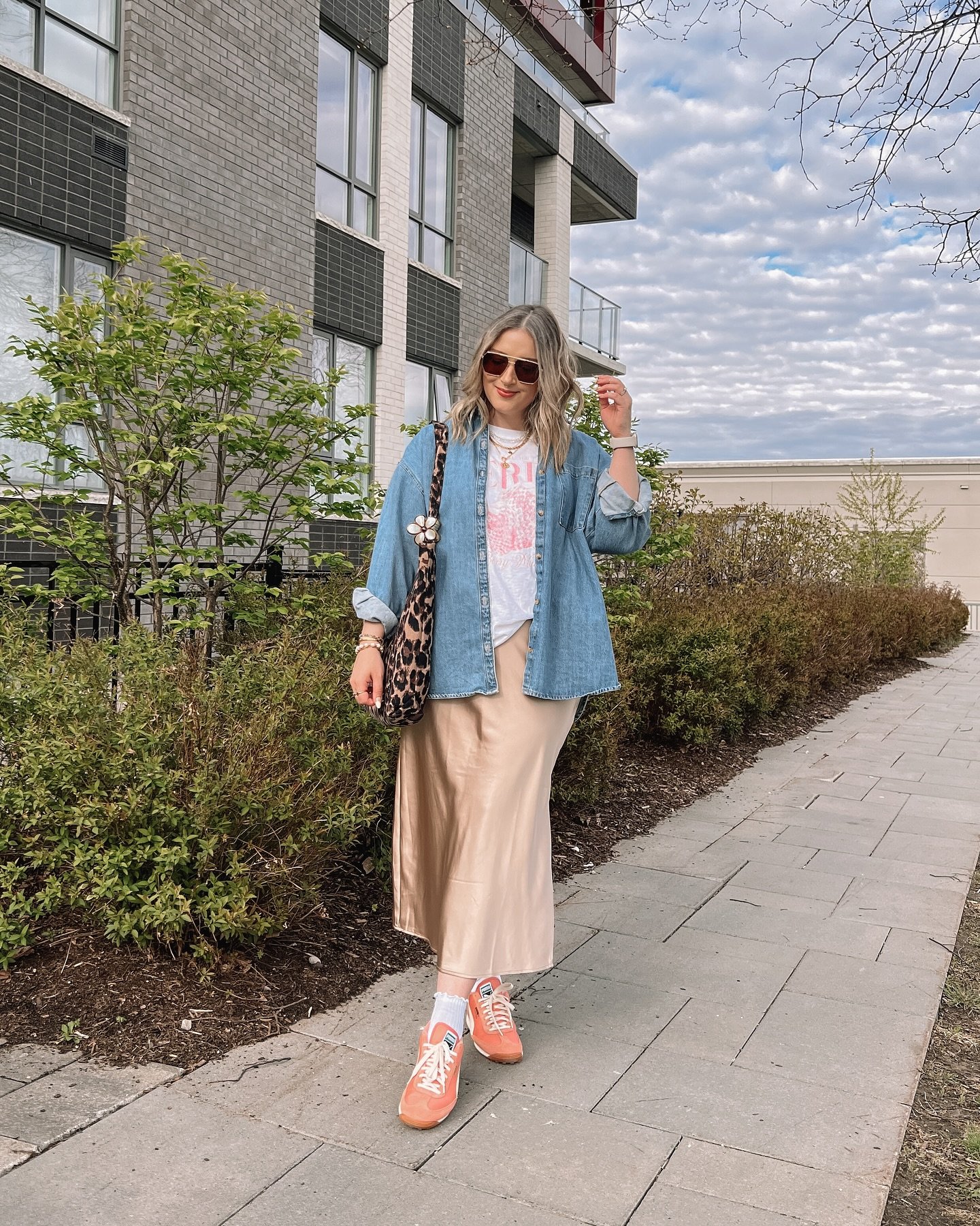 Champagne Satin Midi with Oversized Denim Button-Down