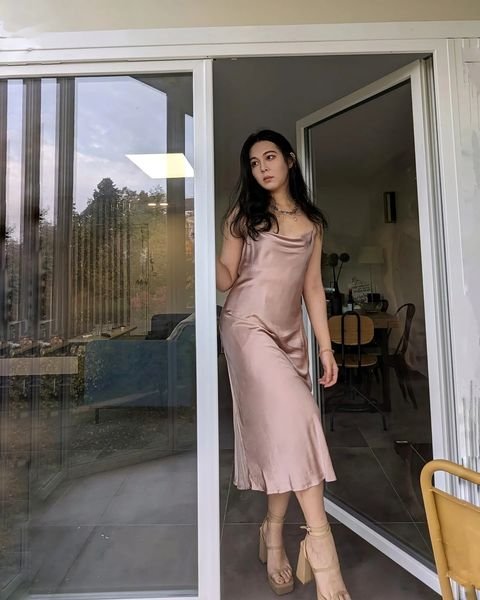 Champagne Satin Slip Dress with Platform Heels