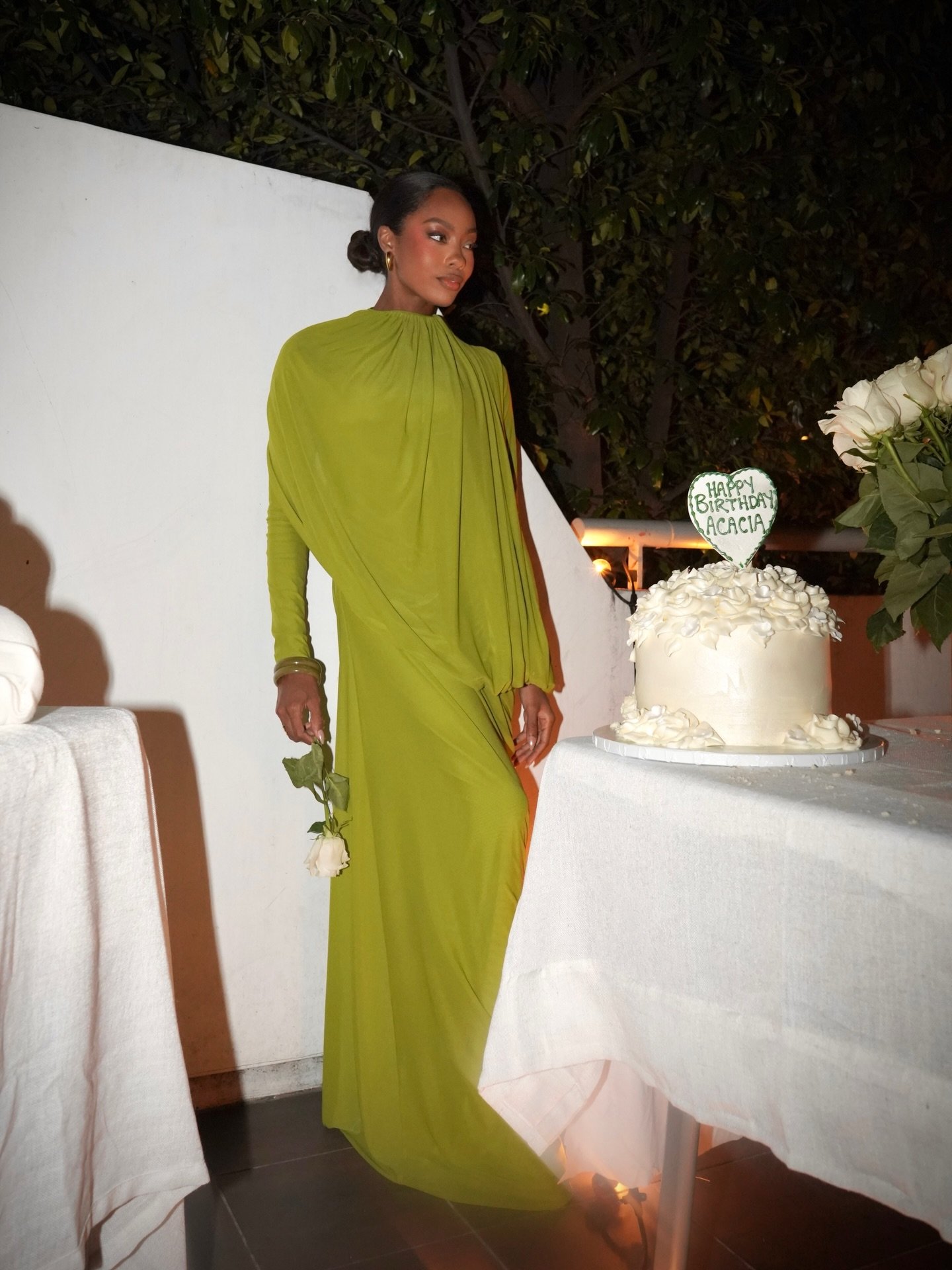Chartreuse Draped Column Gown with High-Neckline