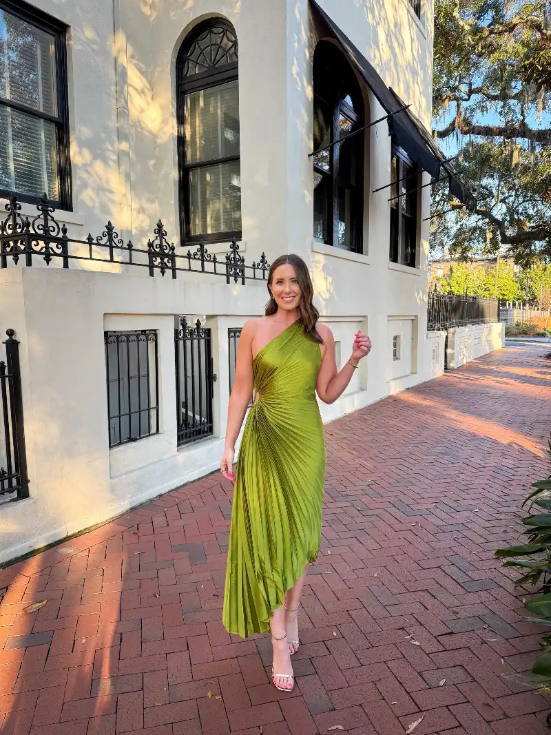 Chartreuse One-Shoulder Pleated Midi Dress with Asymmetric Hem and Brick Sidewalk