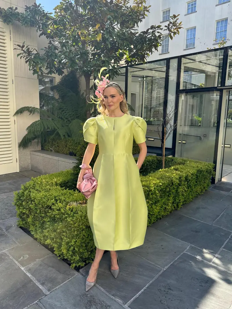Chartreuse Structured Puff-Sleeve Midi Dress with Pink Fascinator and Satin Pouch