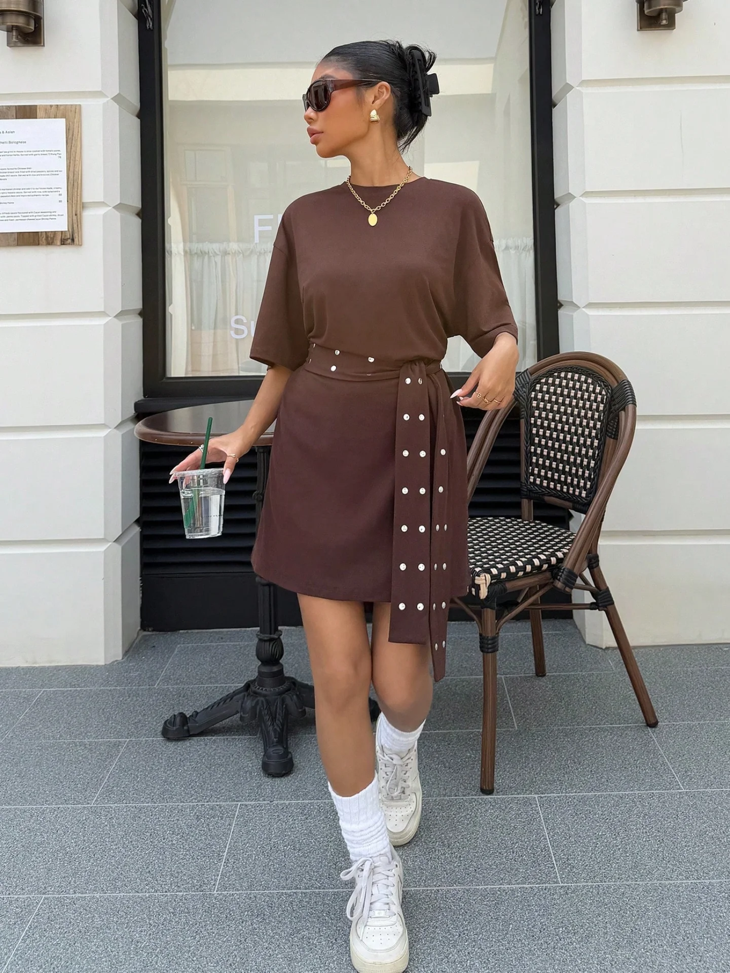 Chocolate Brown T-Shirt Dress with Studded Waist Tie