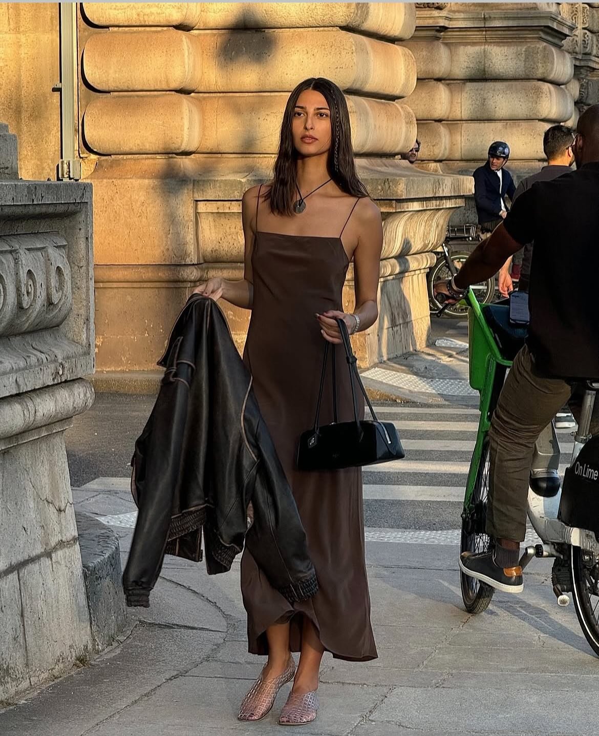 Chocolate Slip Dress with Leather Jacket and Woven Flats