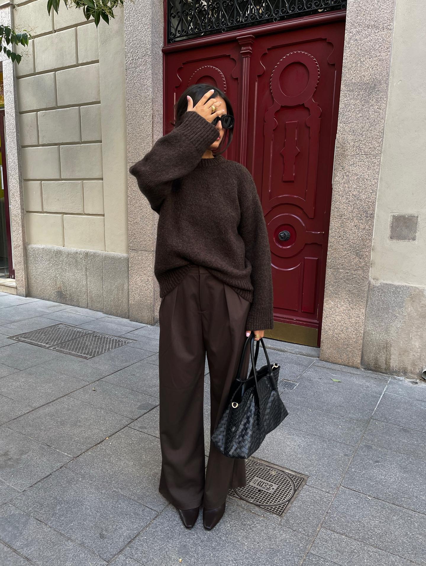 Chunky Mohair Crewneck with Tailored Pleated Trousers and Woven Tote