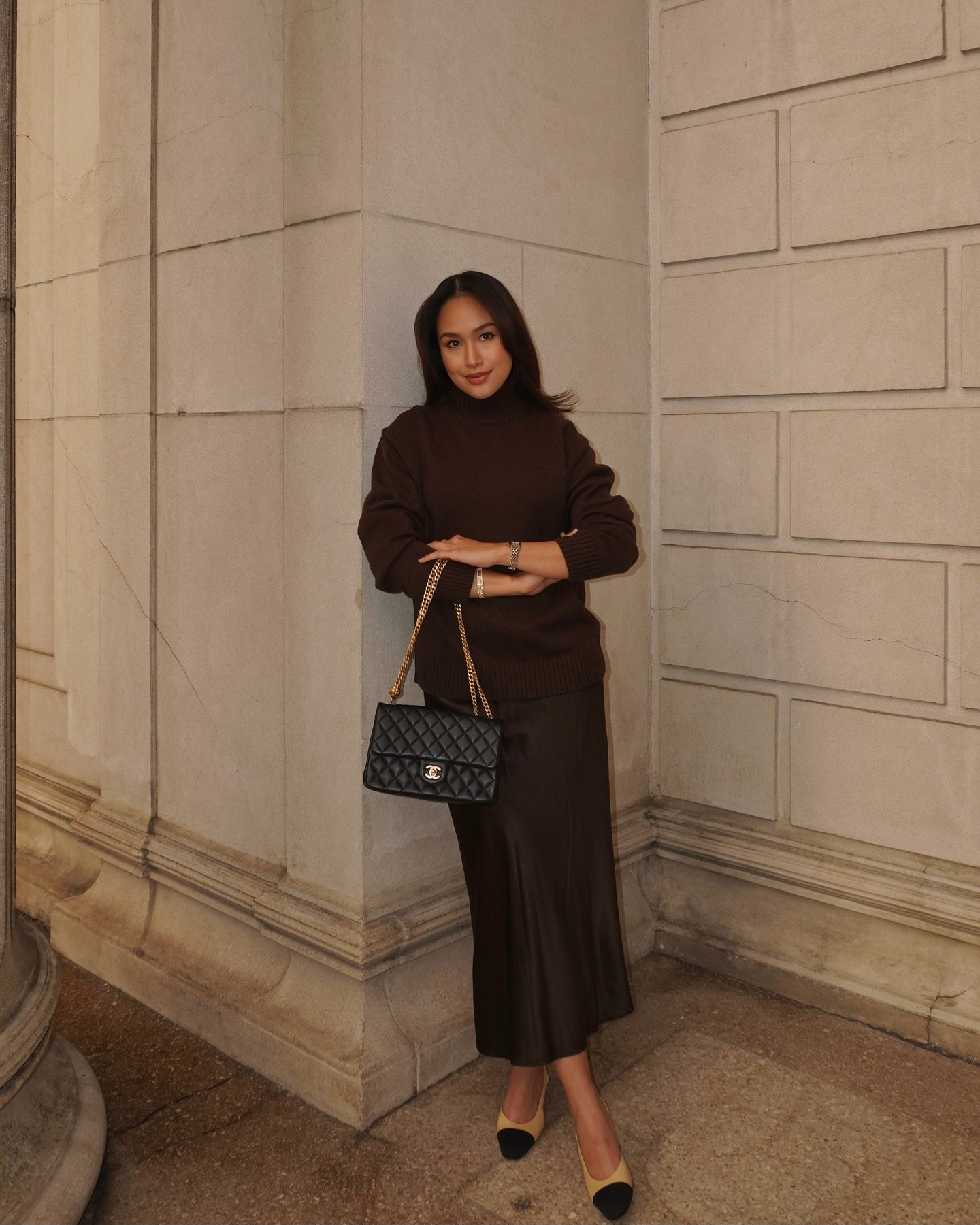 Chunky Turtleneck Knit with Satin Midi Skirt and Two-Tone Slingbacks