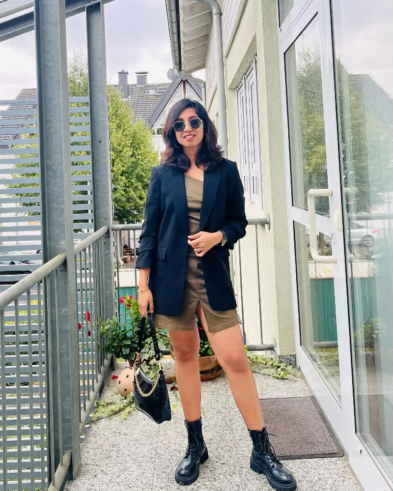 Classic Black Blazer over Earth-Tone Mini Dress