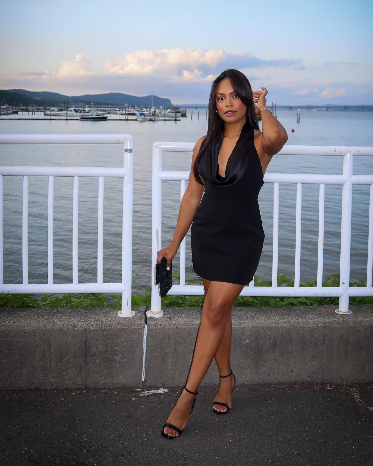 Classic Black Cowl-Neck Mini with Strappy Sandals