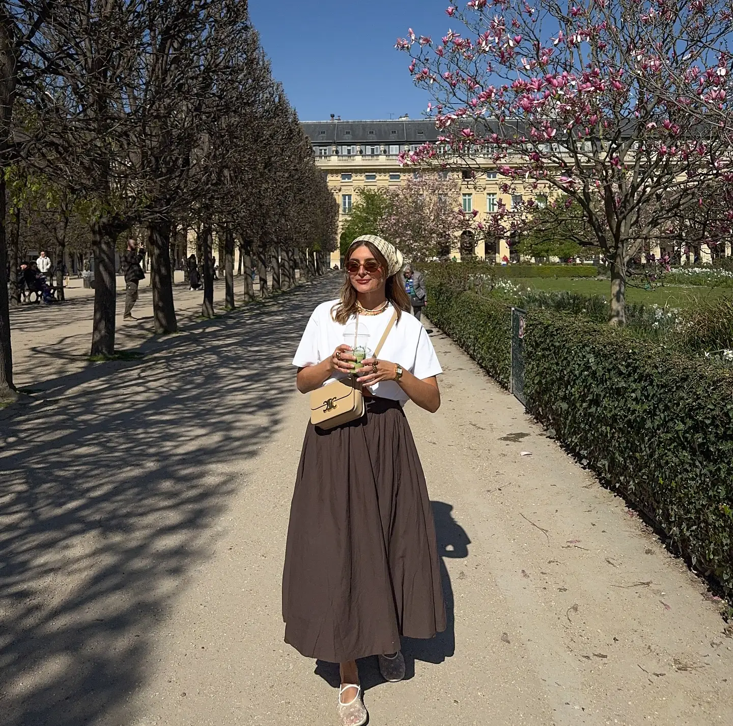 Classic White Tee with Full Brown Midi Skirt and Headscarf