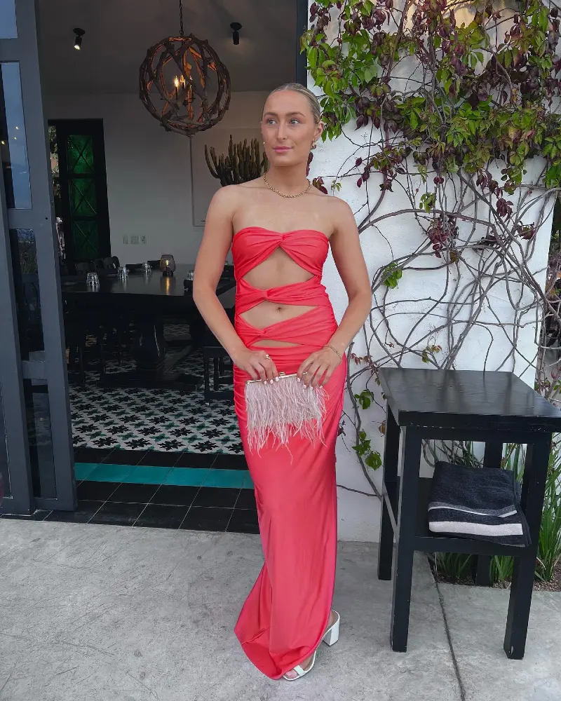 Coral Cut-Out Maxi Dress with Feather-Trimmed Clutch