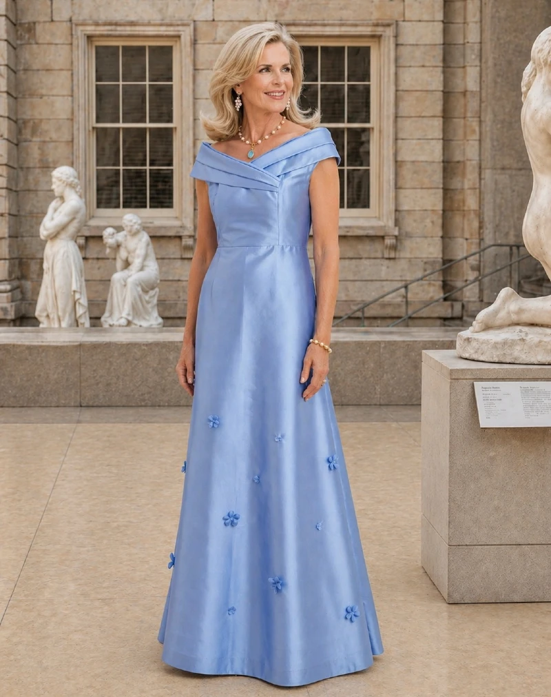 Cornflower Blue A-Line Gown with Folded Neckline and 3D Floral Appliqués