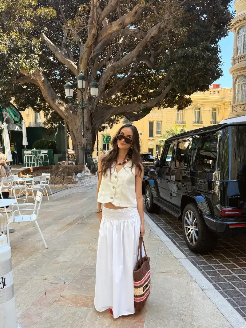 Cream Button Vest with White Maxi Skirt and Striped Straw Tote in Sunlit Plaza