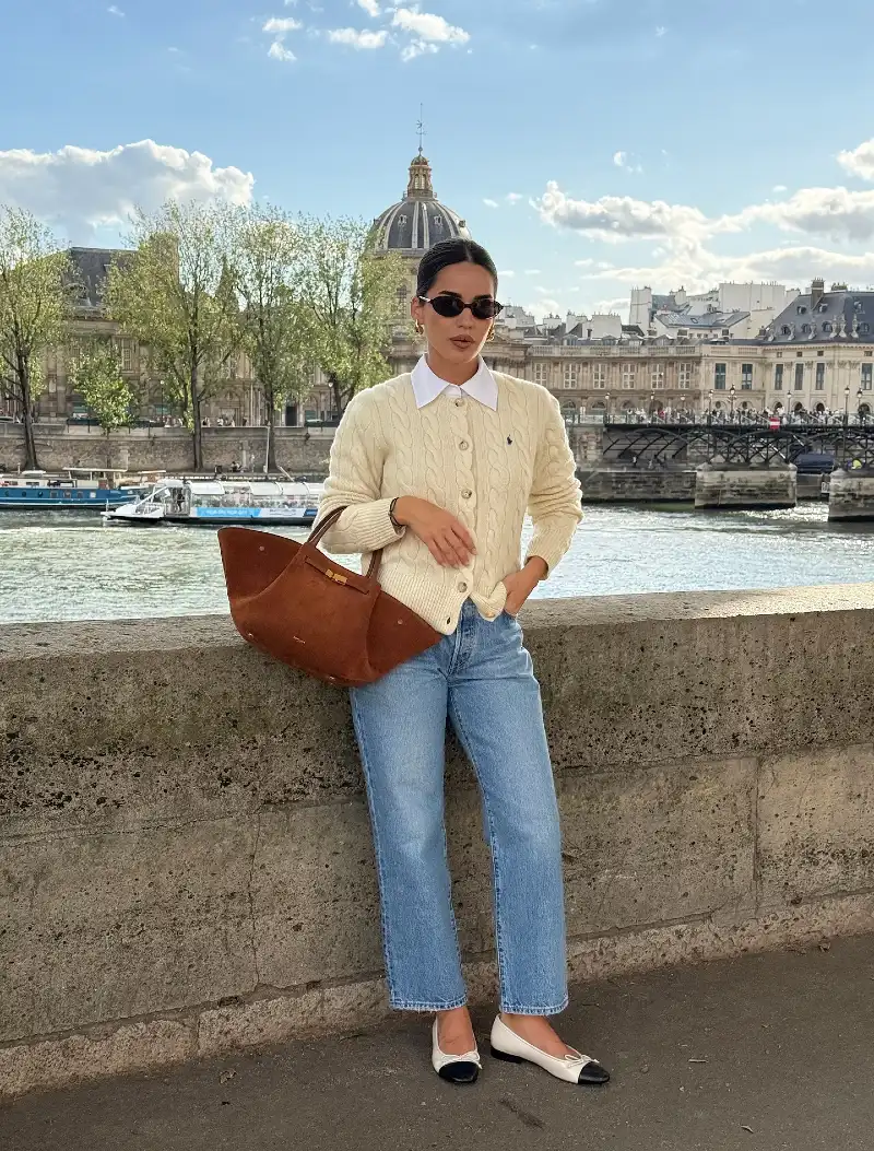 Cream Cable-Knit Cardigan with Crisp White Collar, Straight-Leg Denim, and Cap-Toe Ballet Flats