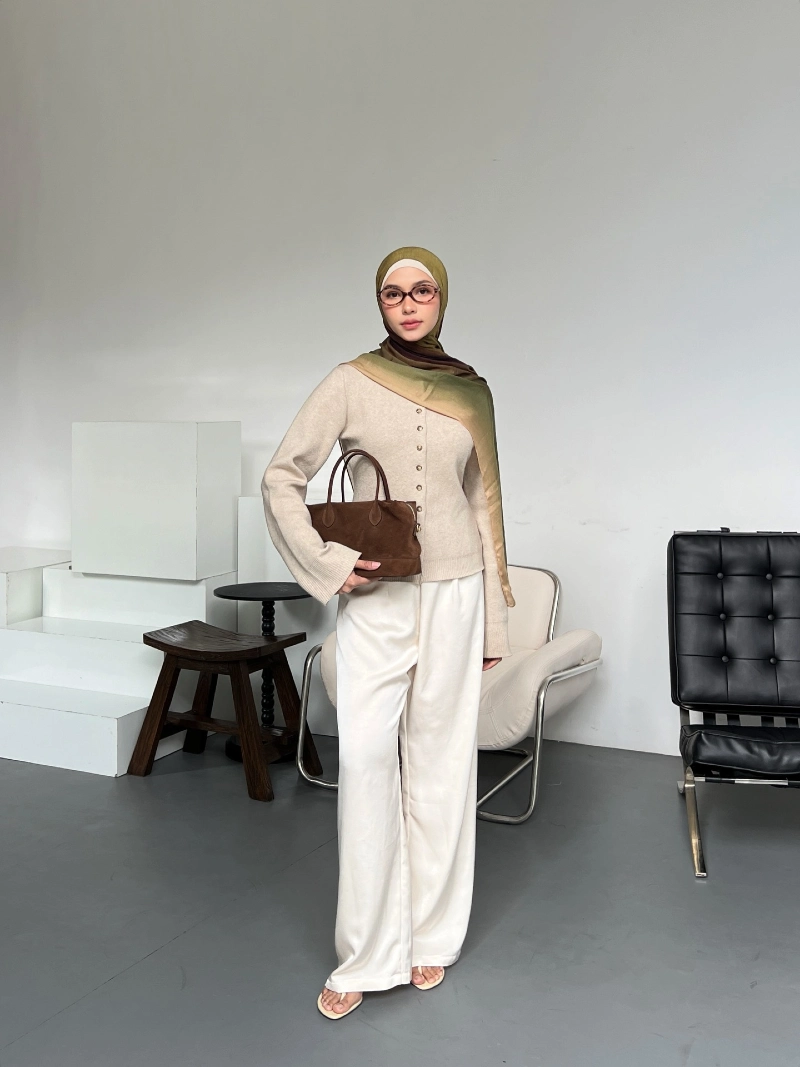 Cream Knit Cardigan with Ivory Trousers and Olive Hijab