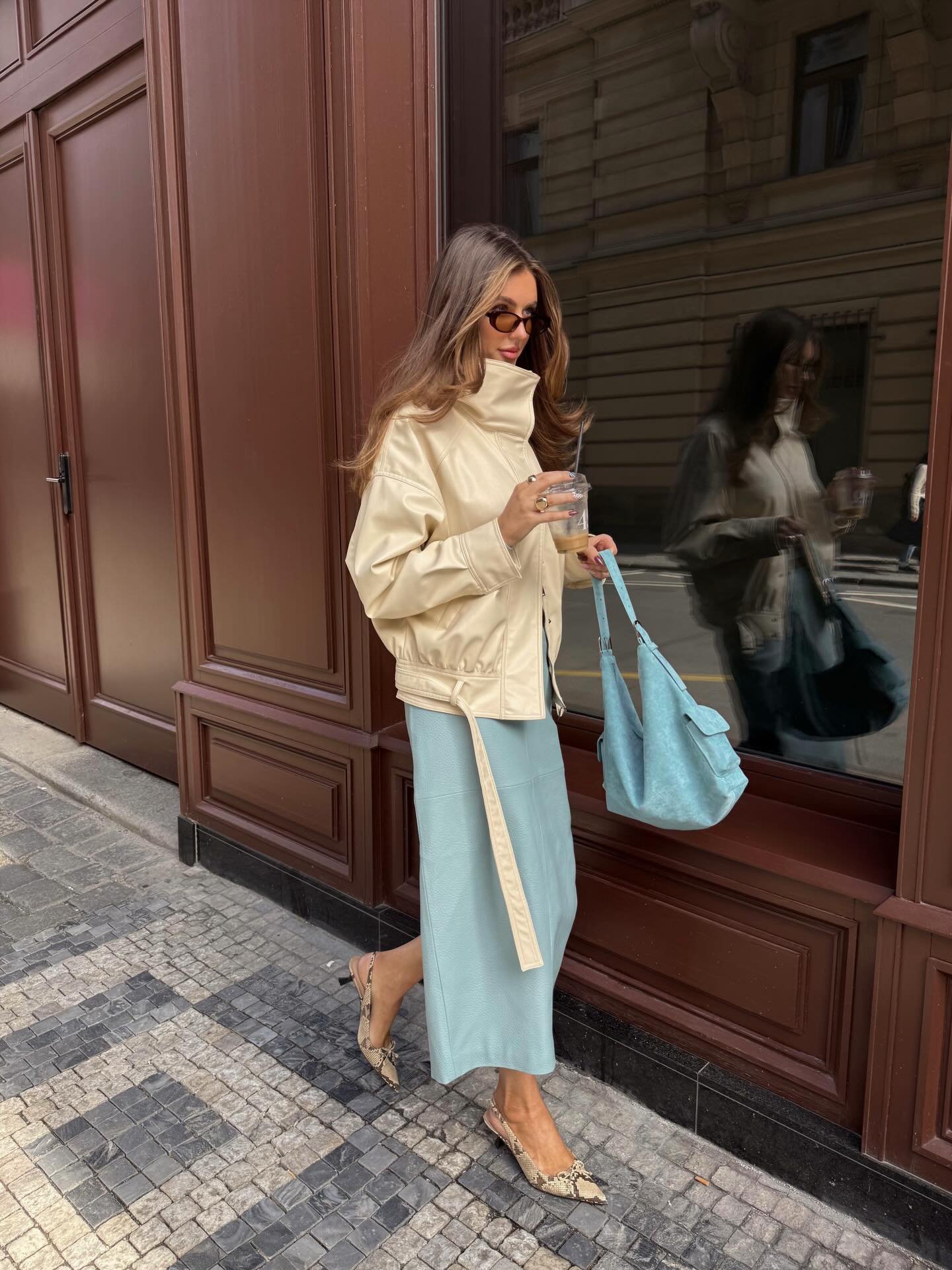 Cream Moto Jacket with Dusty Blue Midi Skirt