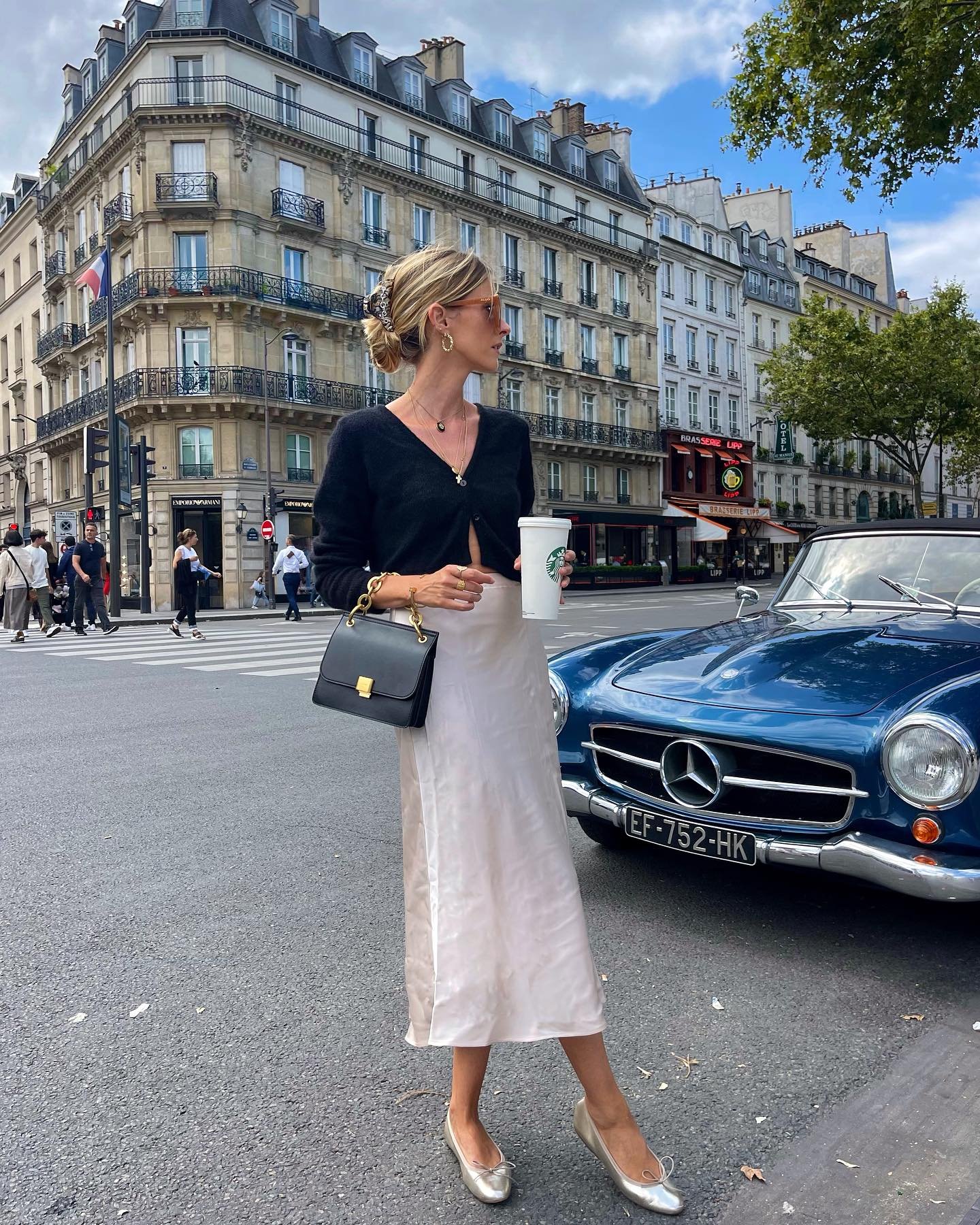 Cream Satin Midi Skirt with Cropped Black Knit Cardigan