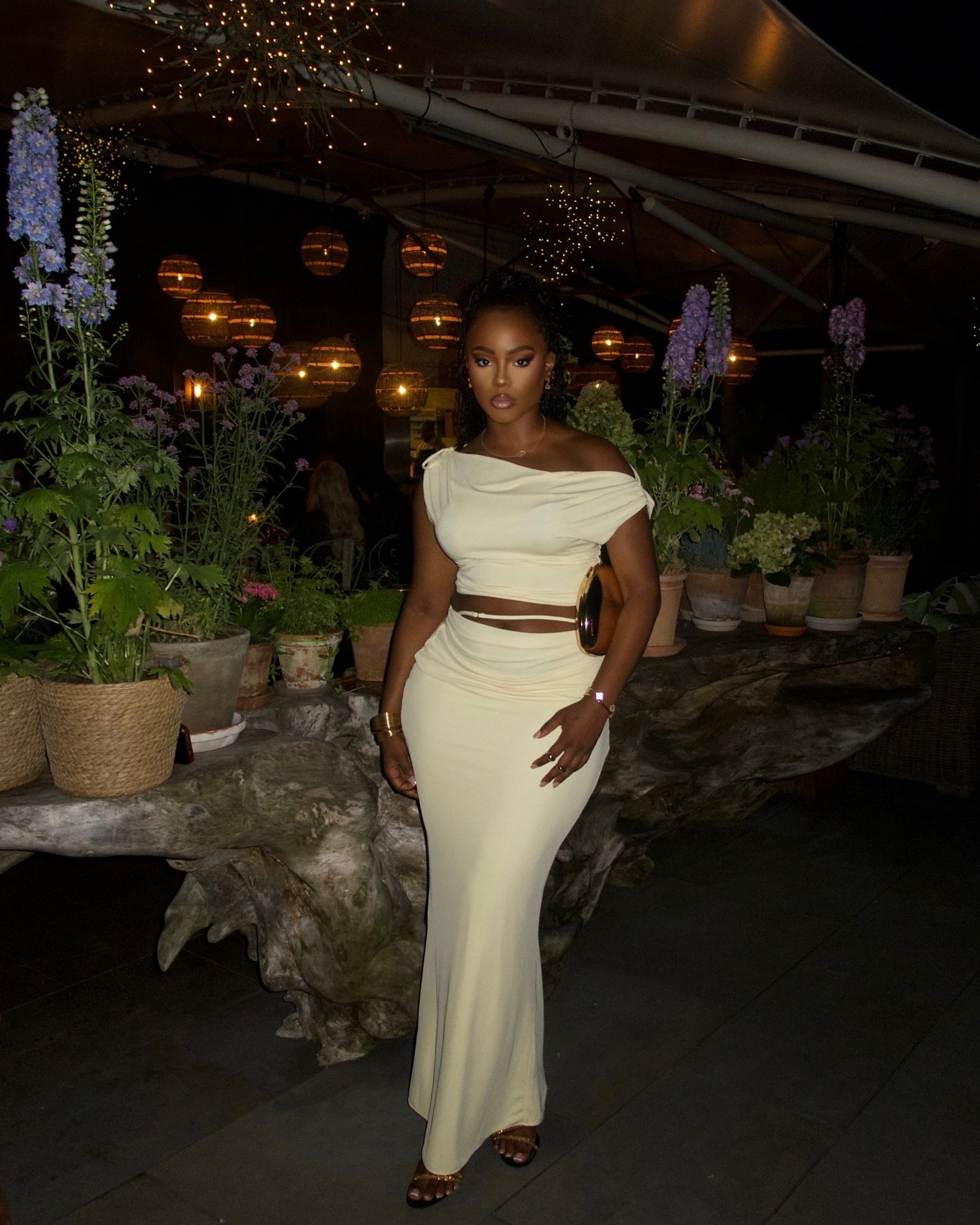 Cream Two-Piece Midi Set with Draped Asymmetric Bodice
