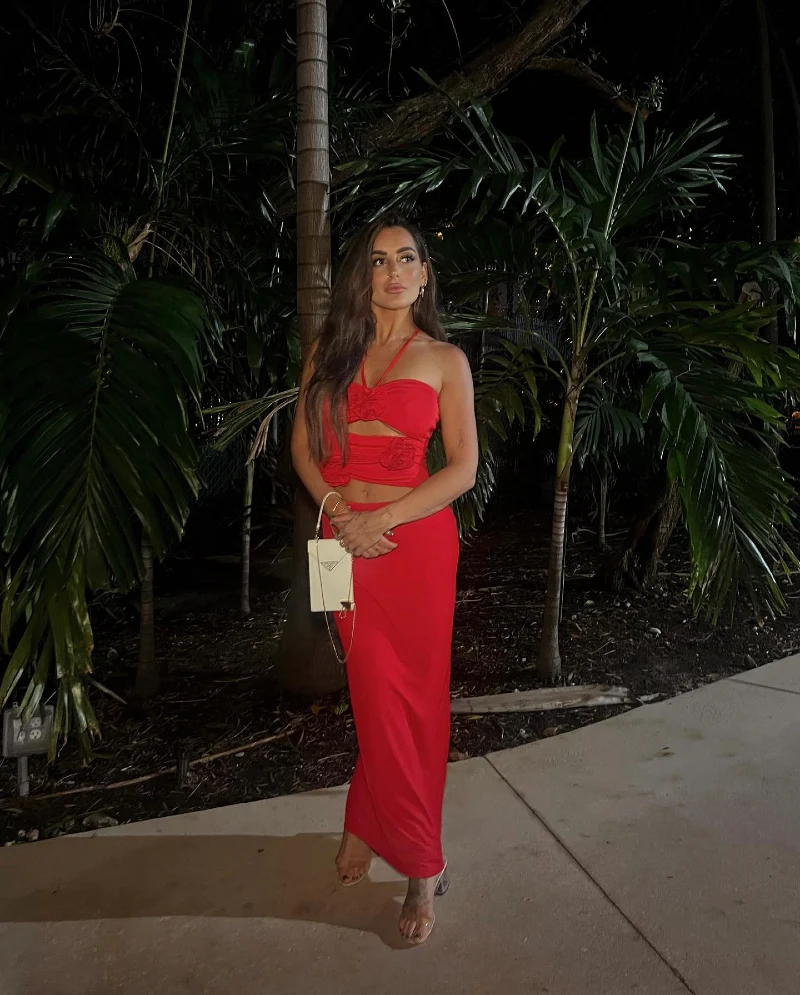 Crimson Halter Set with Floral Accents and Structured Mini Bag