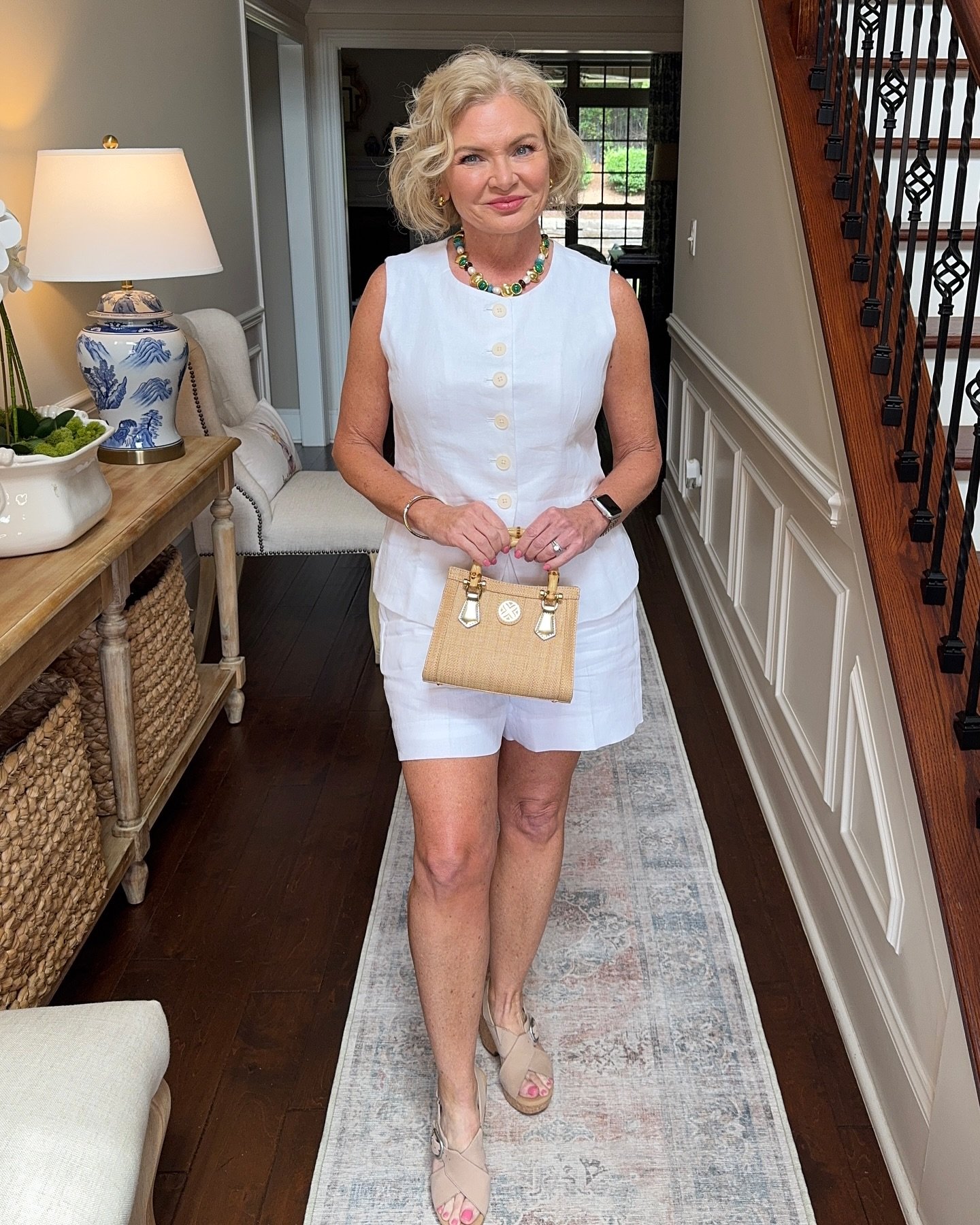 Crisp White Linen Set with Structured Straw Handbag