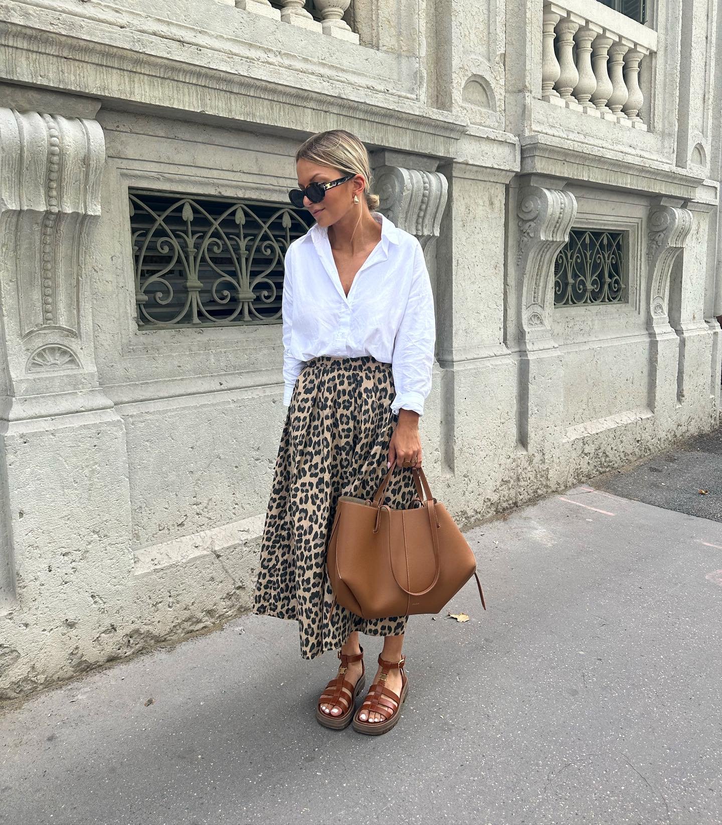 Crisp White Shirt with Leopard Print Midi Skirt