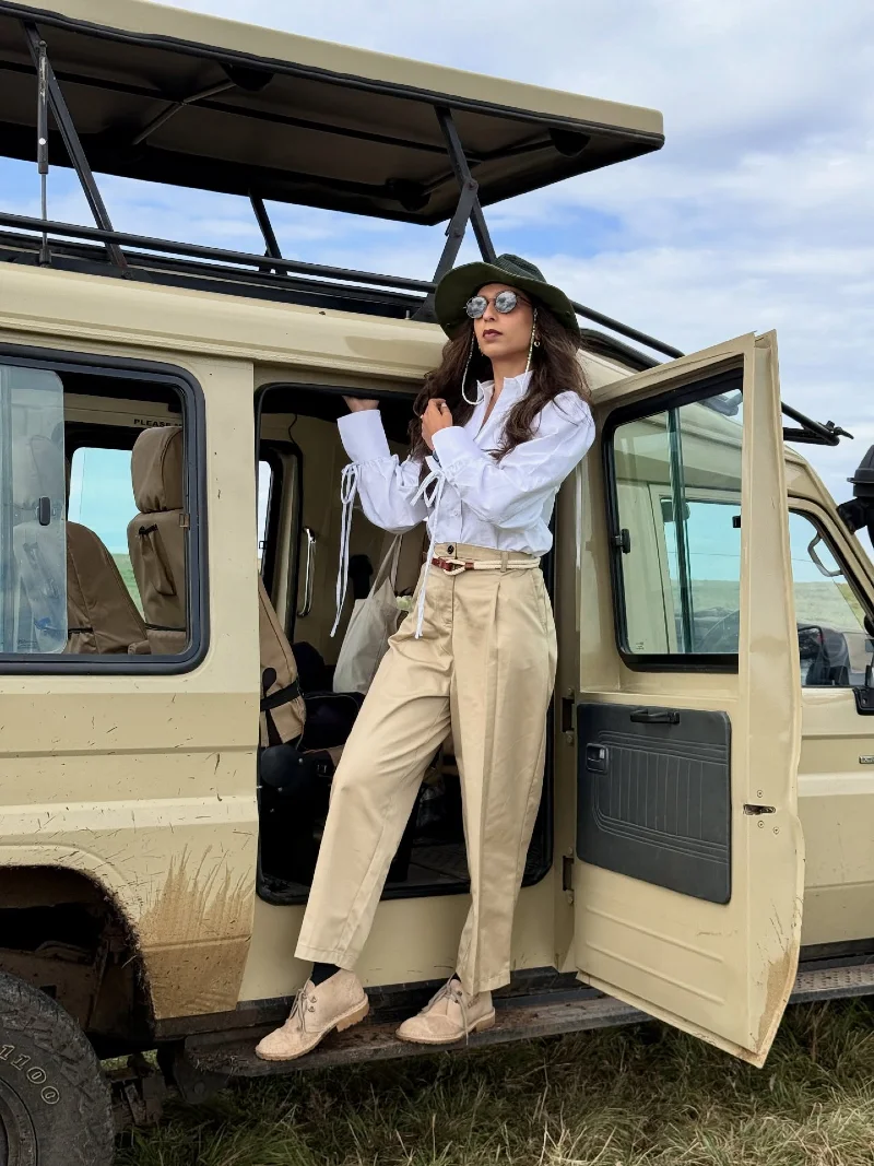 Crisp White Tie-Sleeve Blouse with Khaki Trousers and Olive Sun Hat