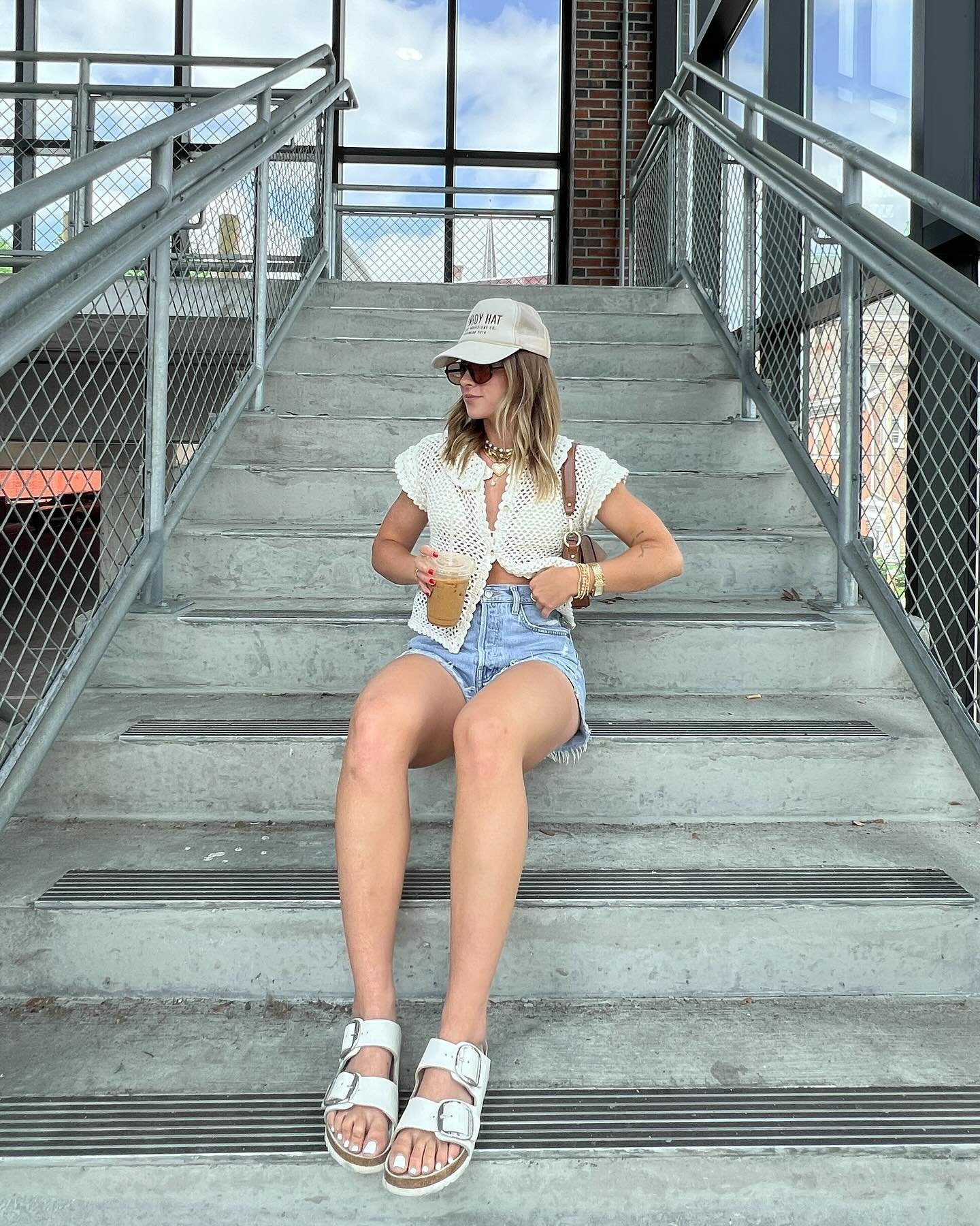 Crochet Cardigan with Denim Cut-offs and Chunky Sandals