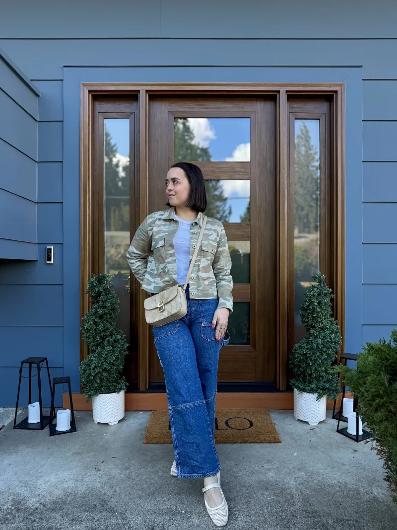 Cropped Camo Utility Jacket with Seamed Wide-Leg Denim and Mesh Mary Janes