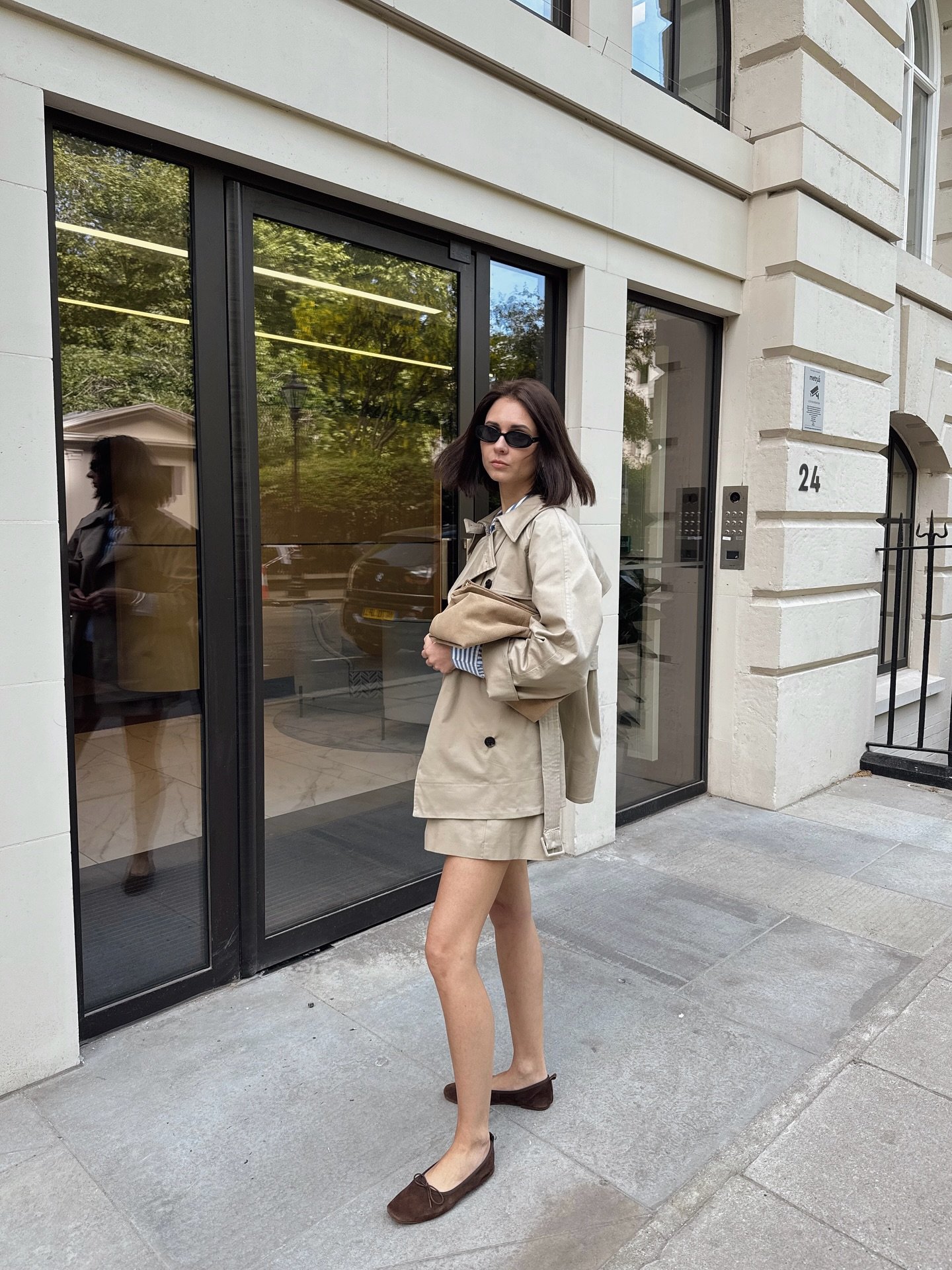 Cropped Khaki Trench Coat with Matching Mini Skirt and Dark Brown Suede Flats Display