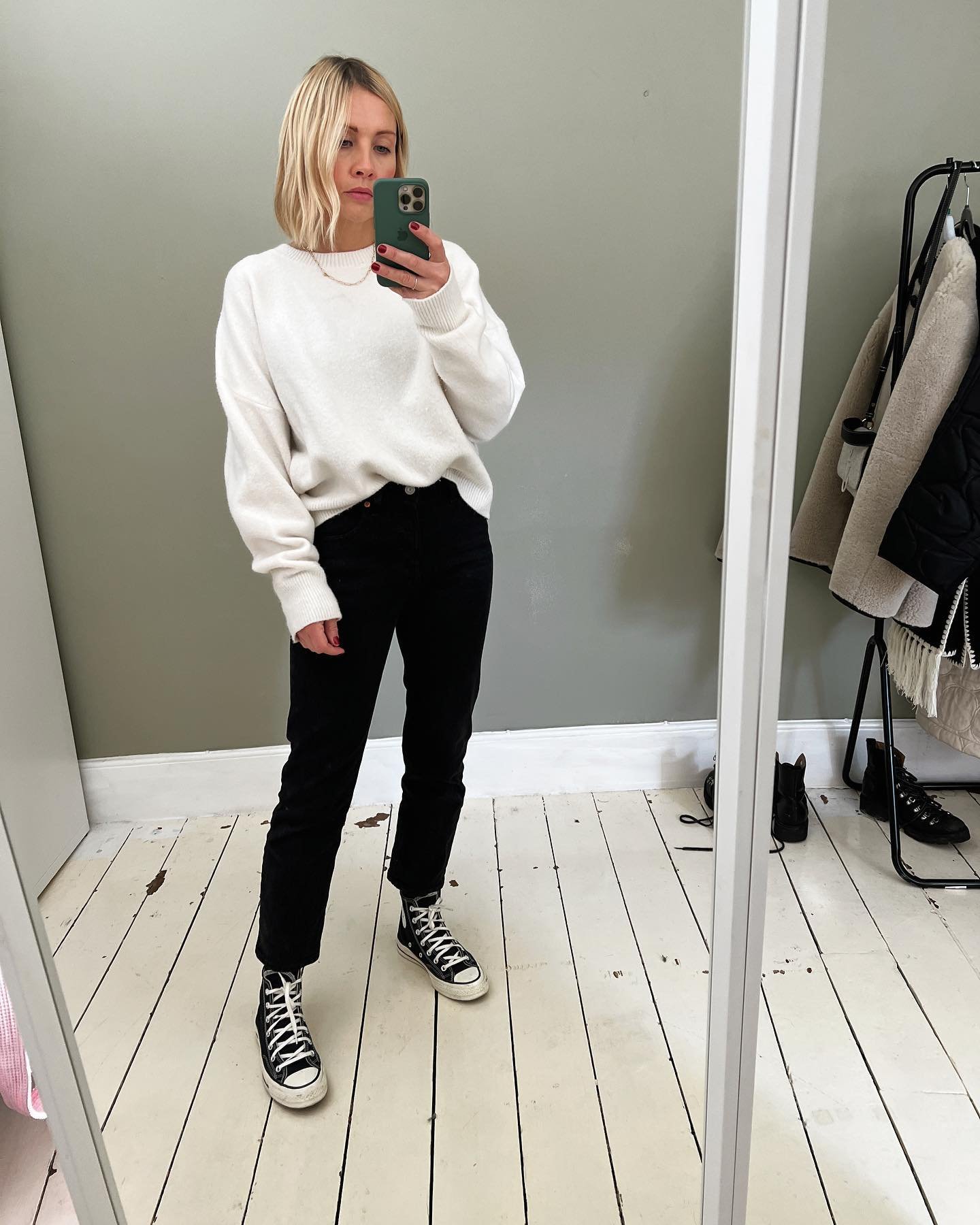 Cropped Matte Denim with Plush White Sweater and Canvas High-Tops