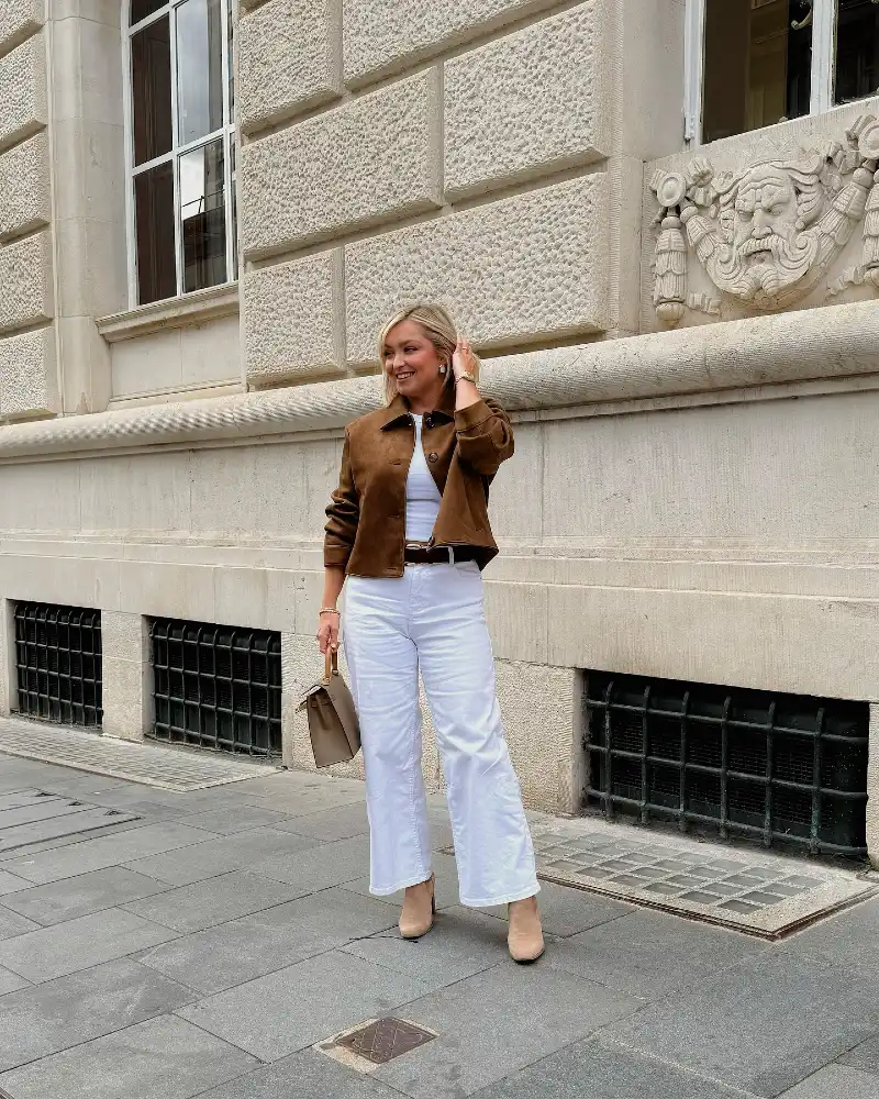 Cropped Suede Brown Jacket with Monochromatic White Base and Tan Block Boots