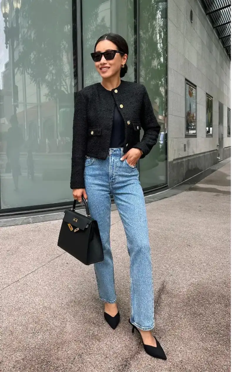 Cropped Textured Black Tweed Jacket with High-Rise Straight Jeans and Pointed Mules