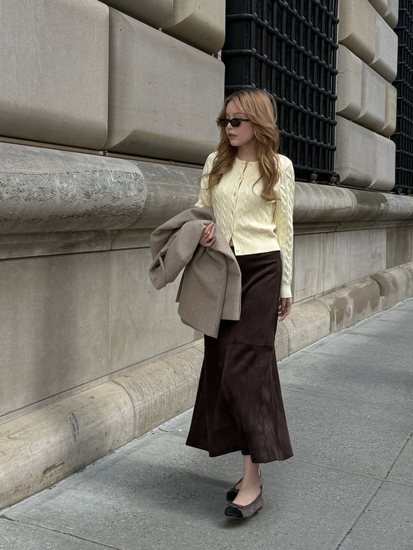 Espresso Velvet Midi with Pale Yellow Cable-Knit Cardigan