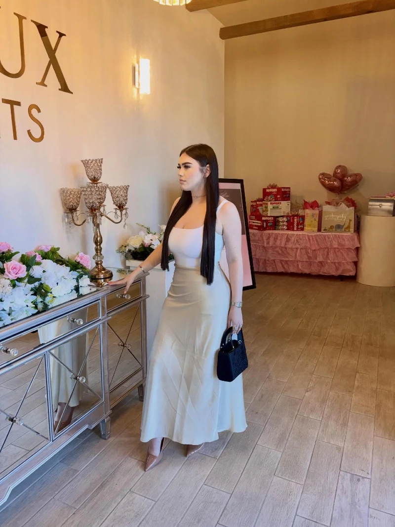 Fitted White Tank with Champagne Silk Midi Skirt