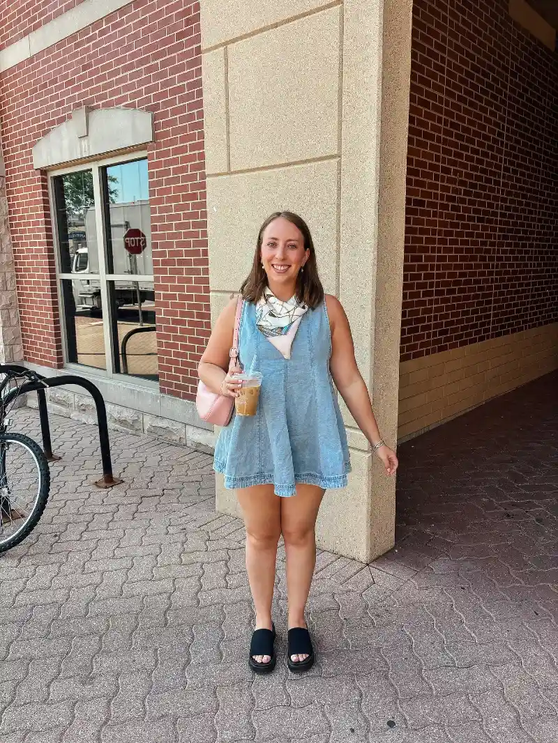 Flared Light-Wash Denim Mini Dress with a Printed Neck Scarf and Chunky Black Slides