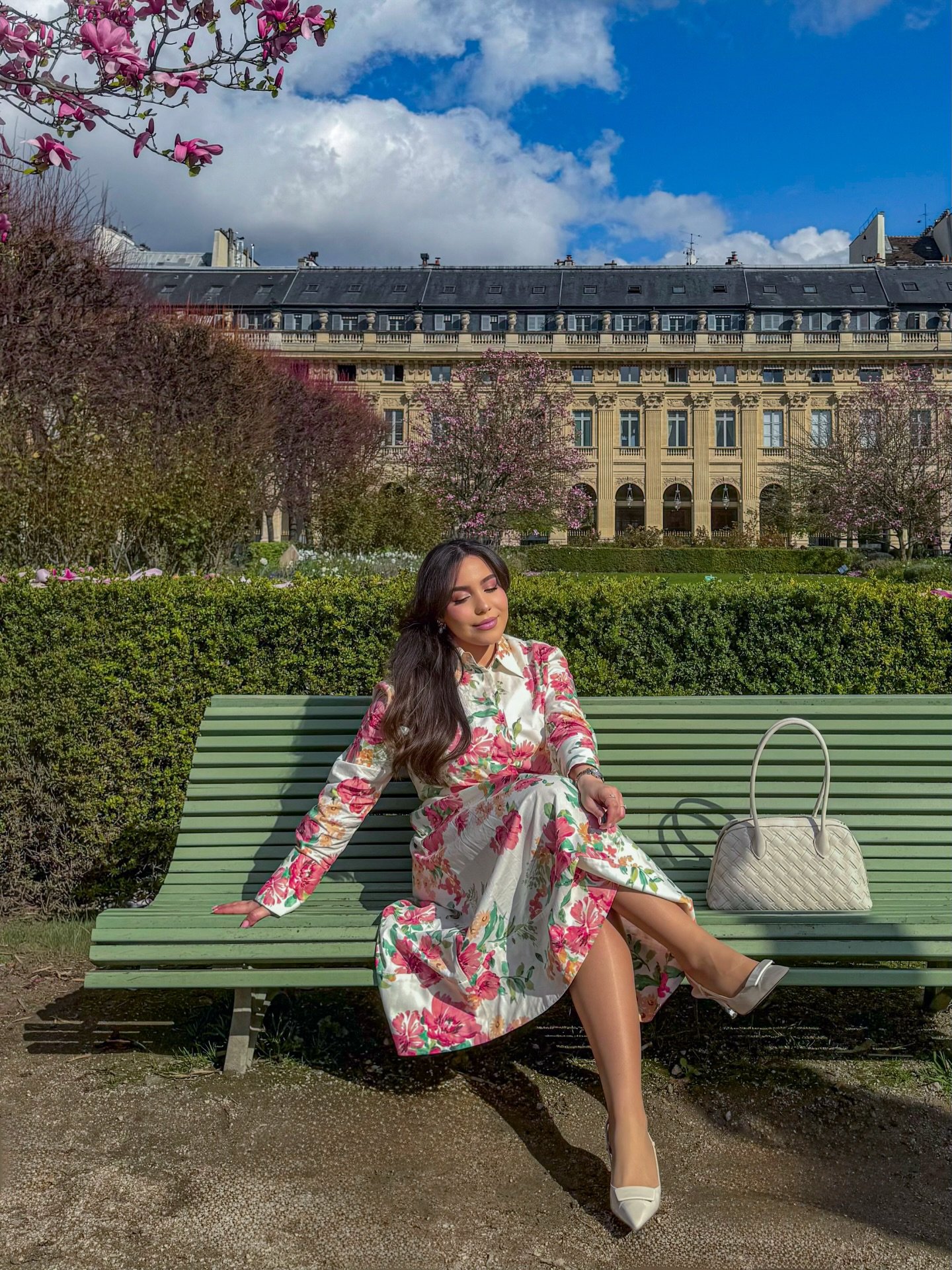 Floral Satin Shirt Dress with Quilted Handbag and Neutral Heels