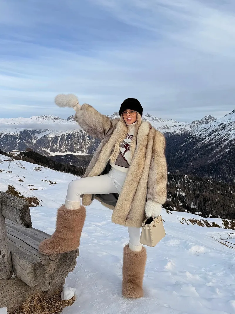 Fluffy Fur Coat with Graphic Turtleneck, White Leggings, and Shaggy Boots