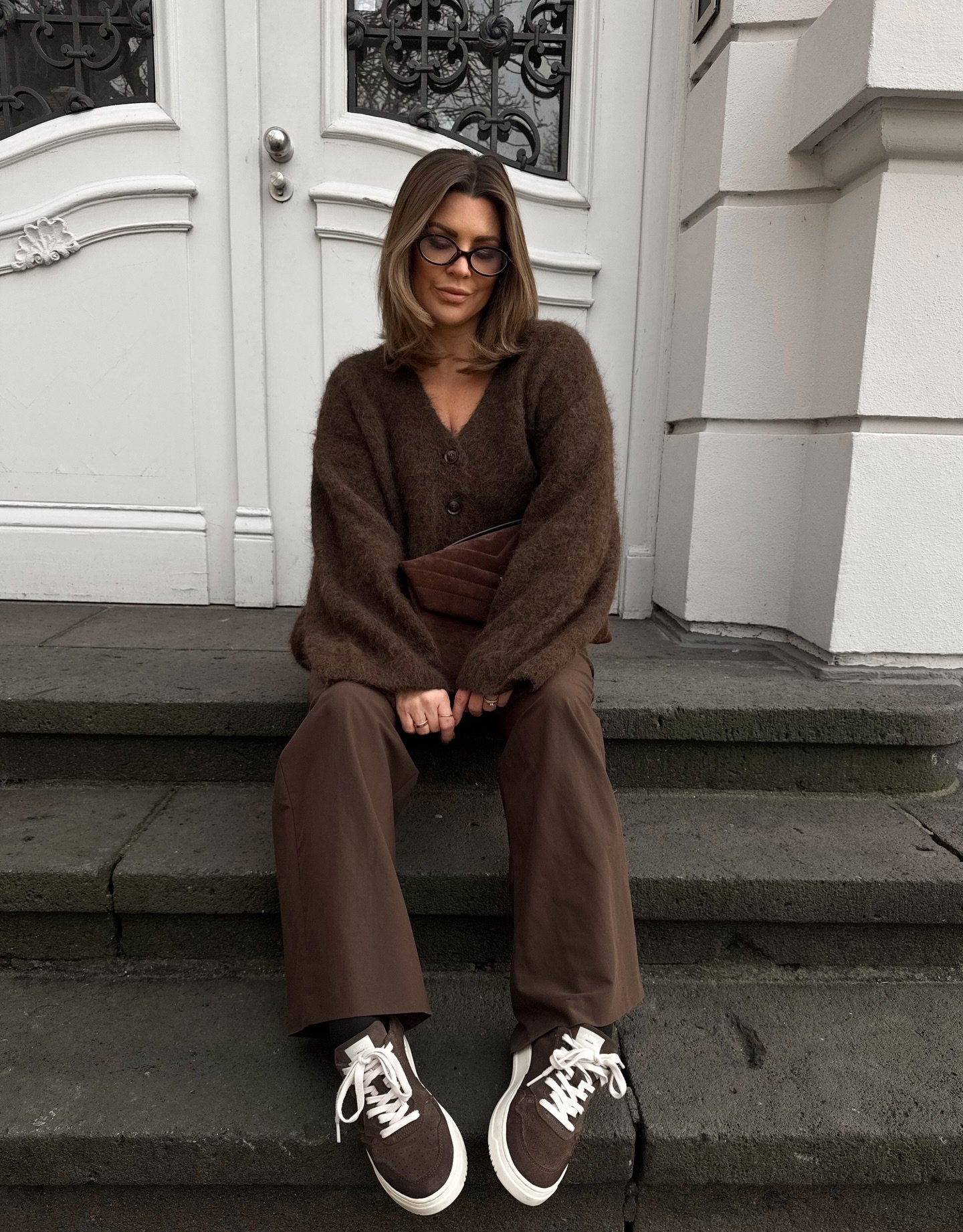 Fluffy V-Neck Cardigan with Relaxed Twill Trousers and Two-Tone Sneakers