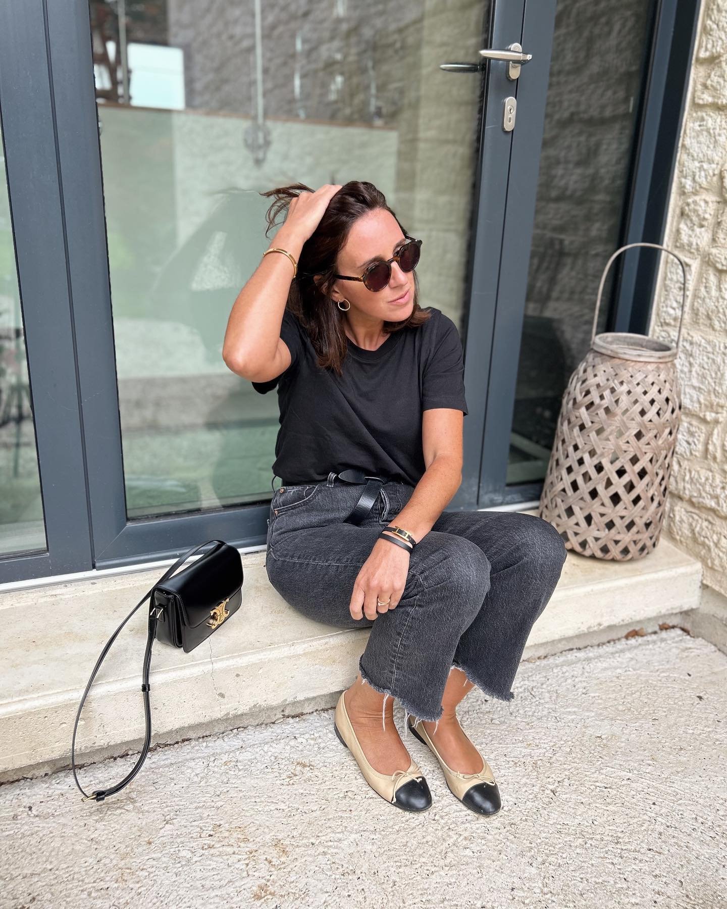 Frayed Charcoal Denim with Cap-Toe Ballet Flats and Knotted Leather Belt