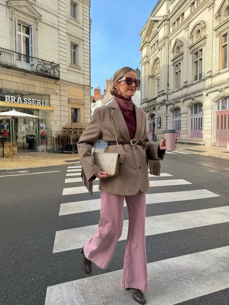 Fringed Brown Wool Blazer with Belted Waist and Dusty Pink Flared Denim