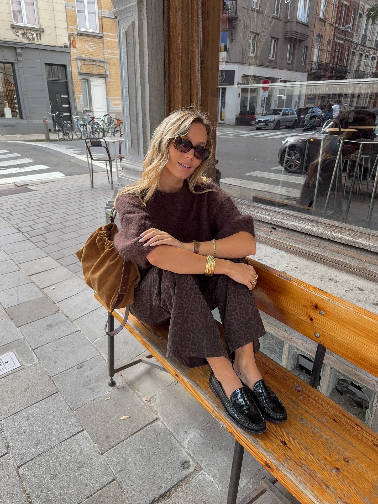 Fuzzy Short-Sleeve Knit with Tonal Leopard Trousers and Suede Slouch Bag
