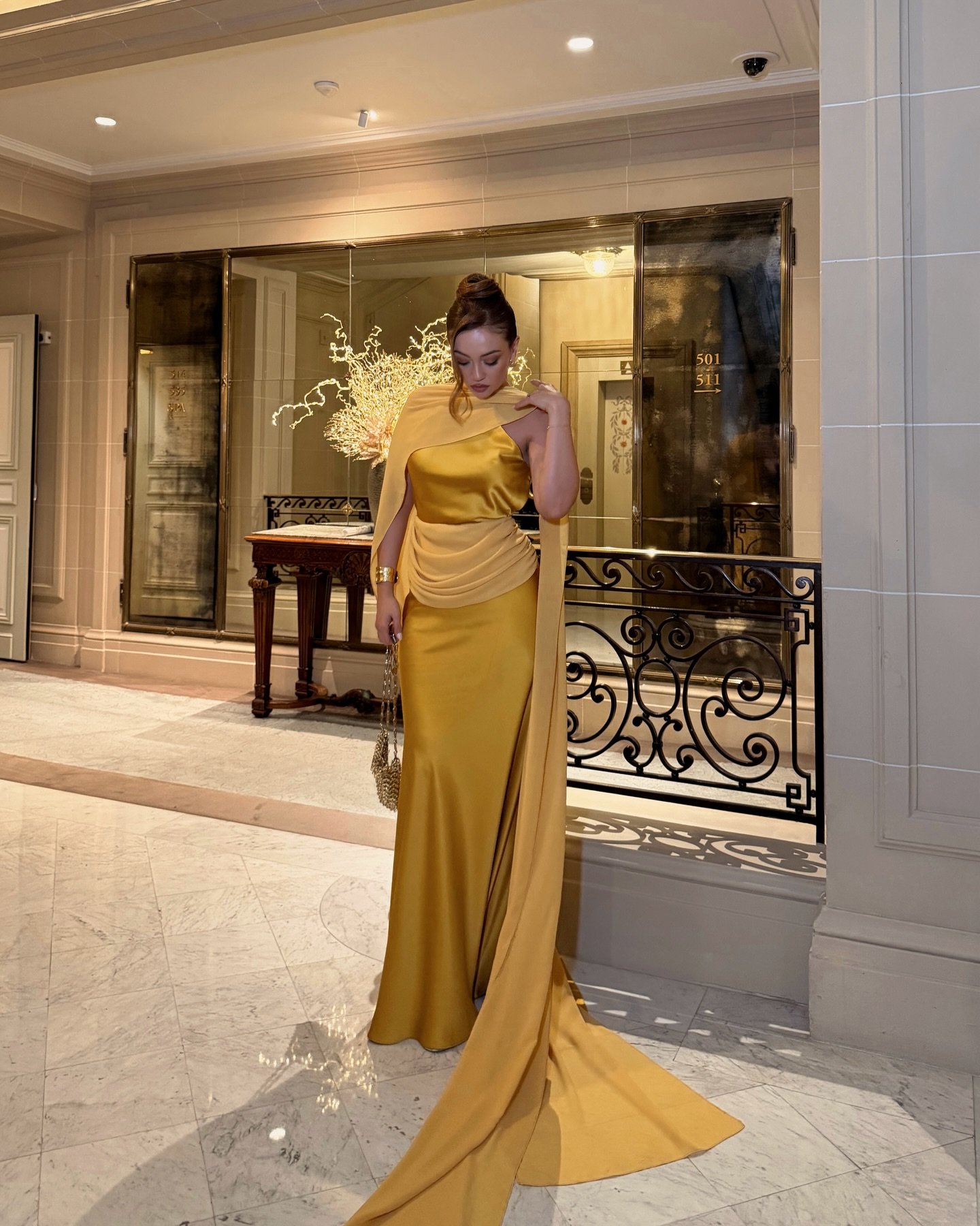 Golden Silk Column Gown with Draped Cape Detail