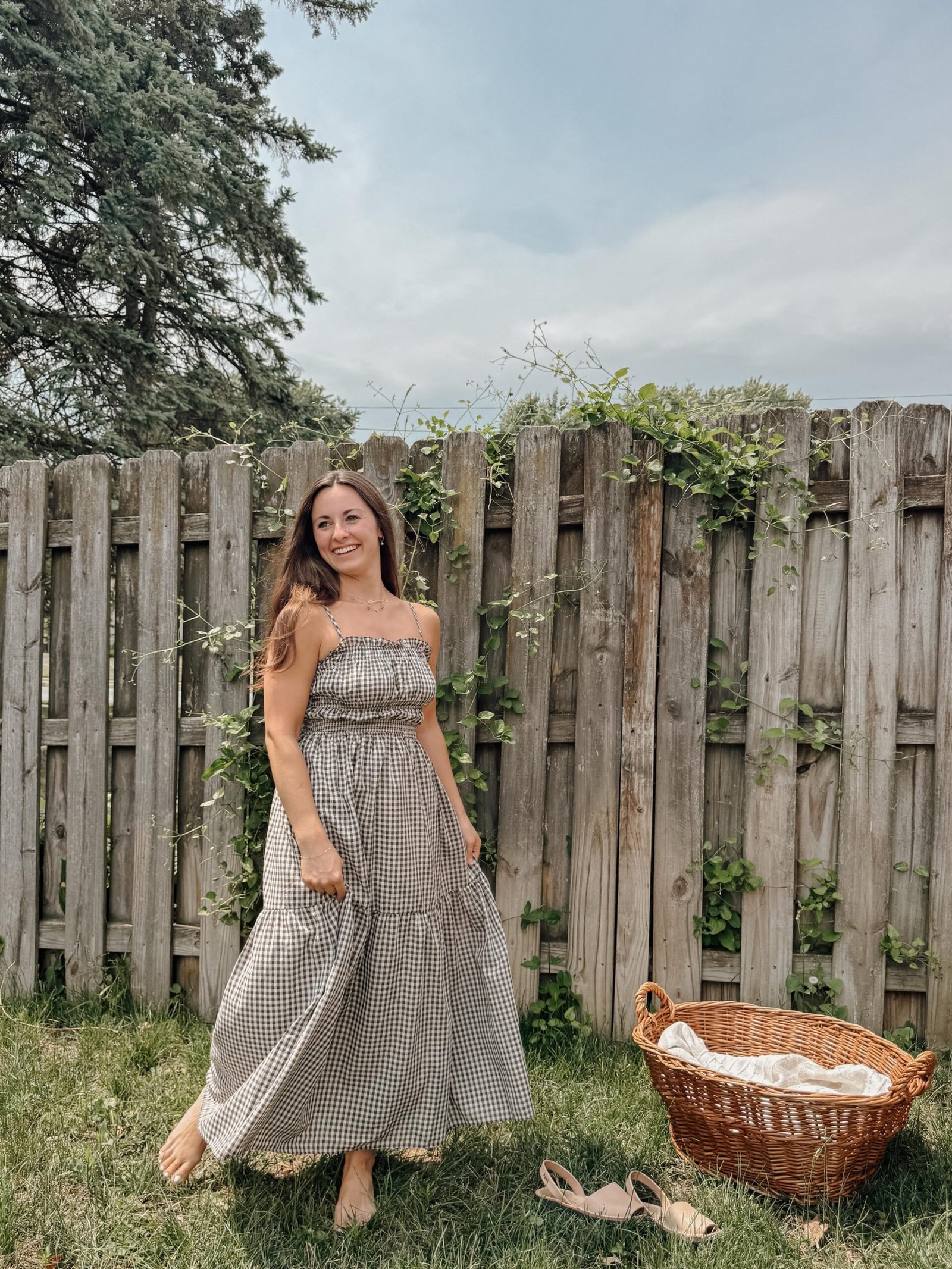 Grey Gingham Tiered Maxi Dress with Woven Basket
