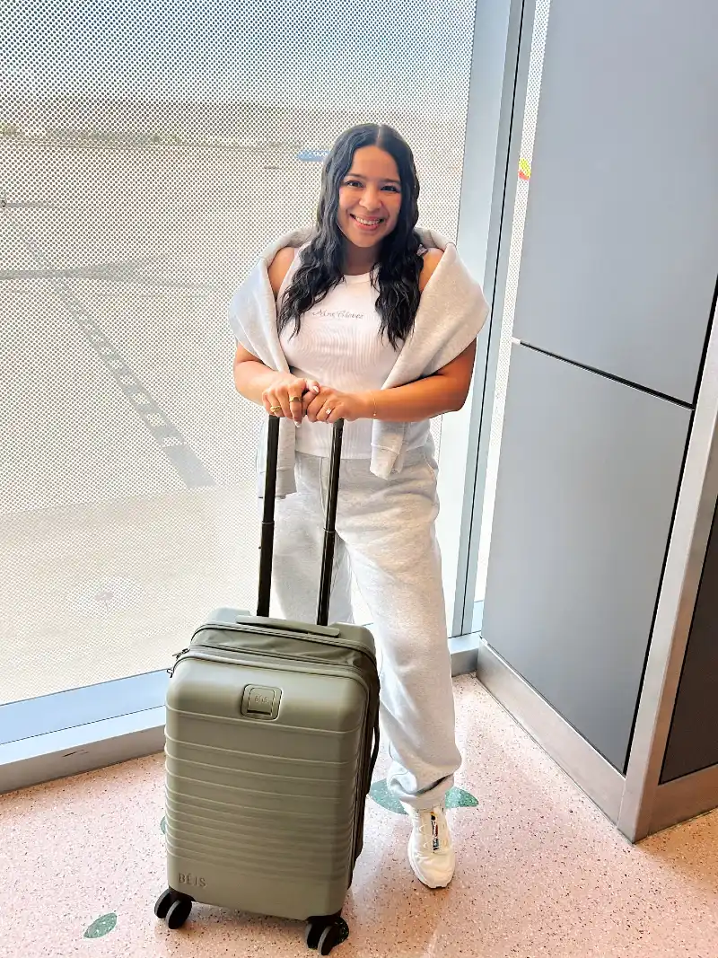 Grey Heathered Lounge Set with Draped Sweatshirt and Olive Carry-On