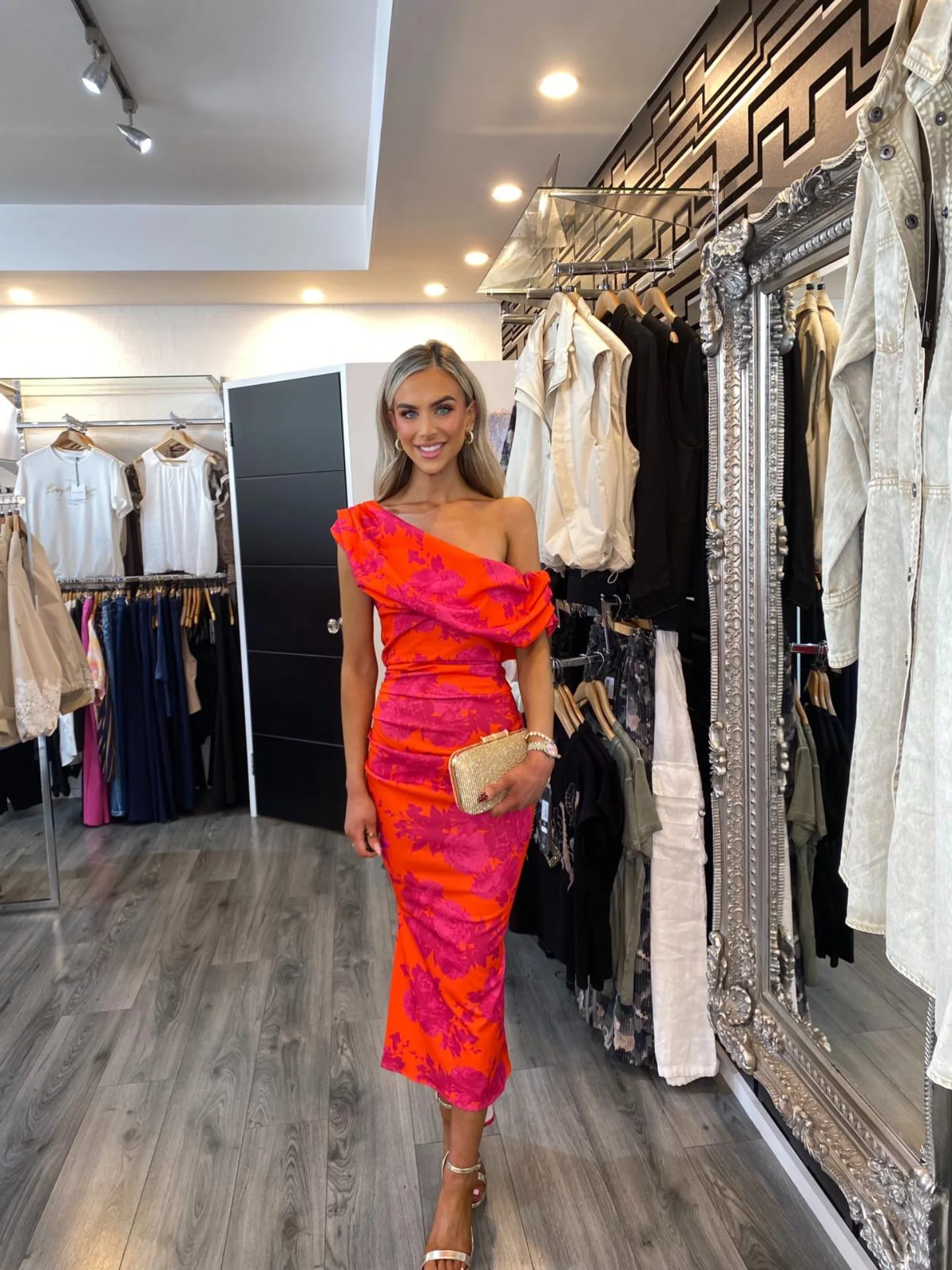 High-Contrast Floral One-Shoulder Midi with Gold Accessories