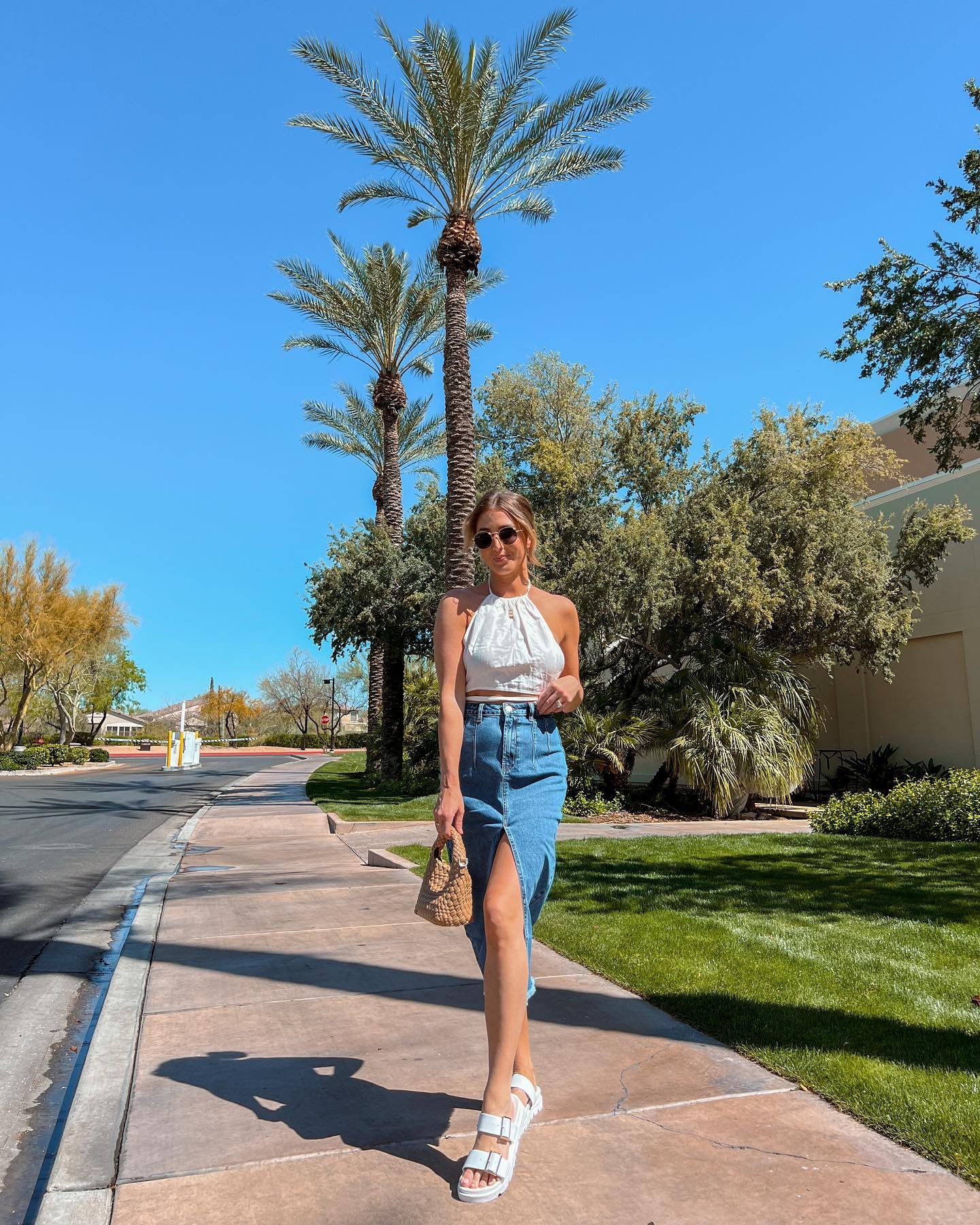 High-Waist Denim Split Midi with Linen Halter Crop Top