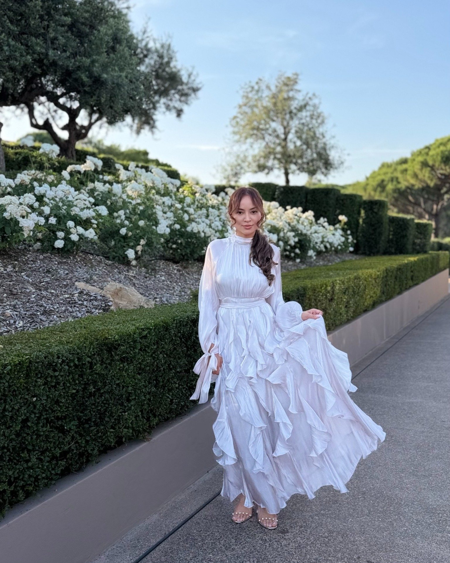 Ivory Ruffled Maxi Gown with High-Neck Detail