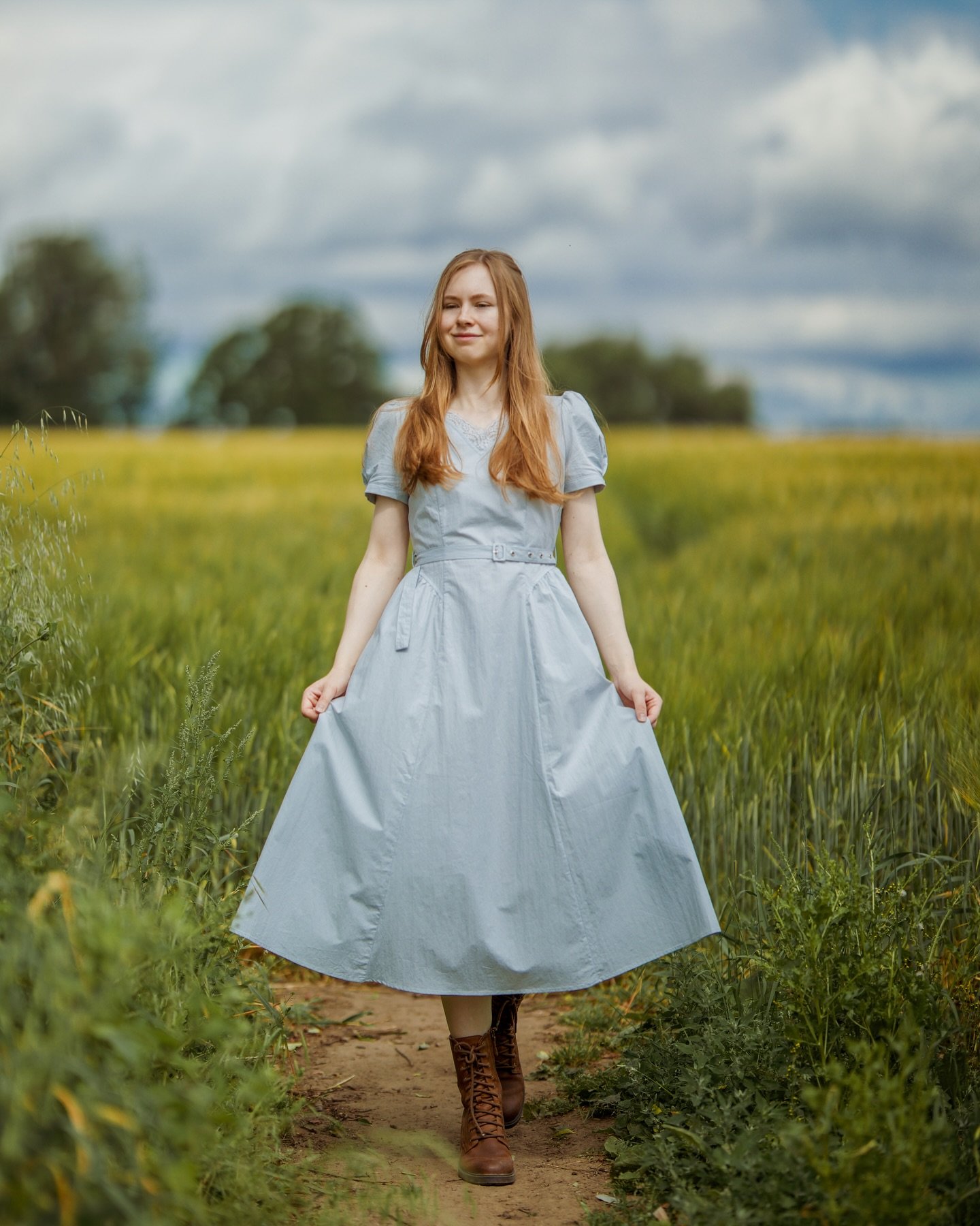 Light Blue Belted Midi Dress with Brown Lace-Up Boots