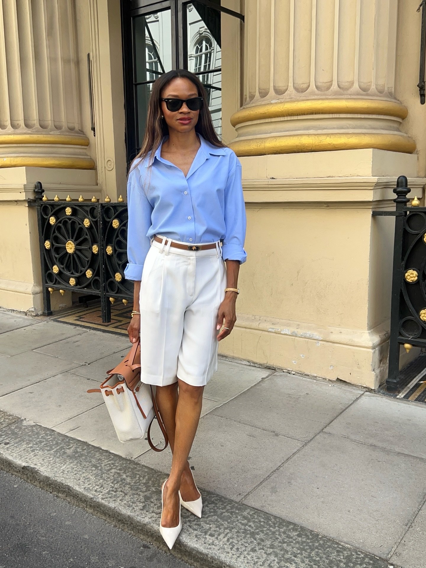 Light Blue Button-Down with Tailored White Bermuda Shorts