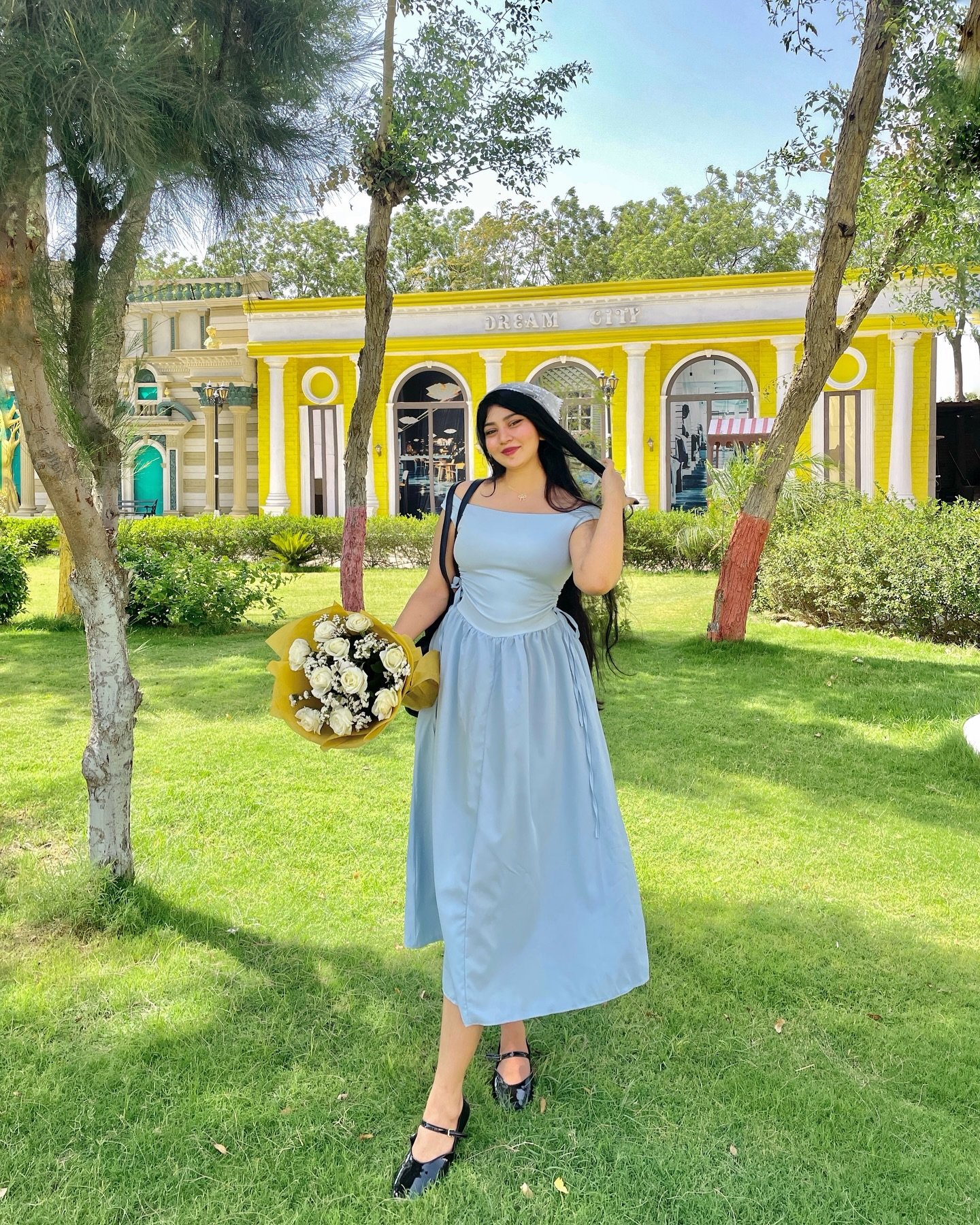 Light Blue Dropped Neckline Midi Dress with Black Patent Mary Janes