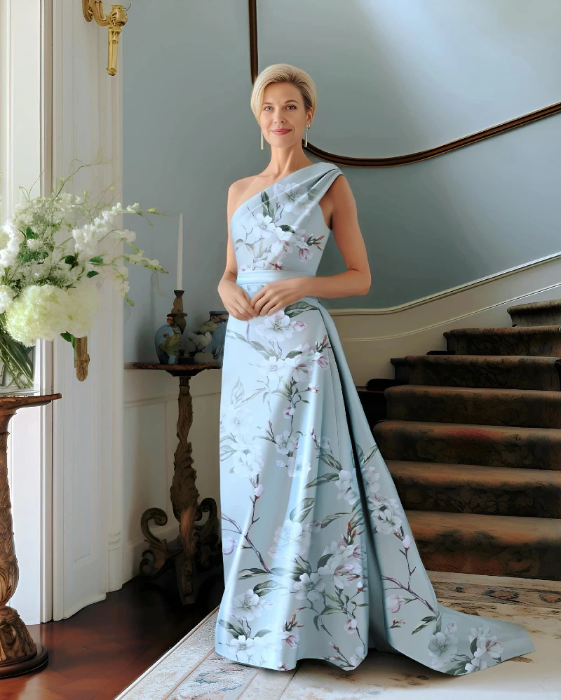 Light Blue Floral Asymmetric Gown with Structured Draping