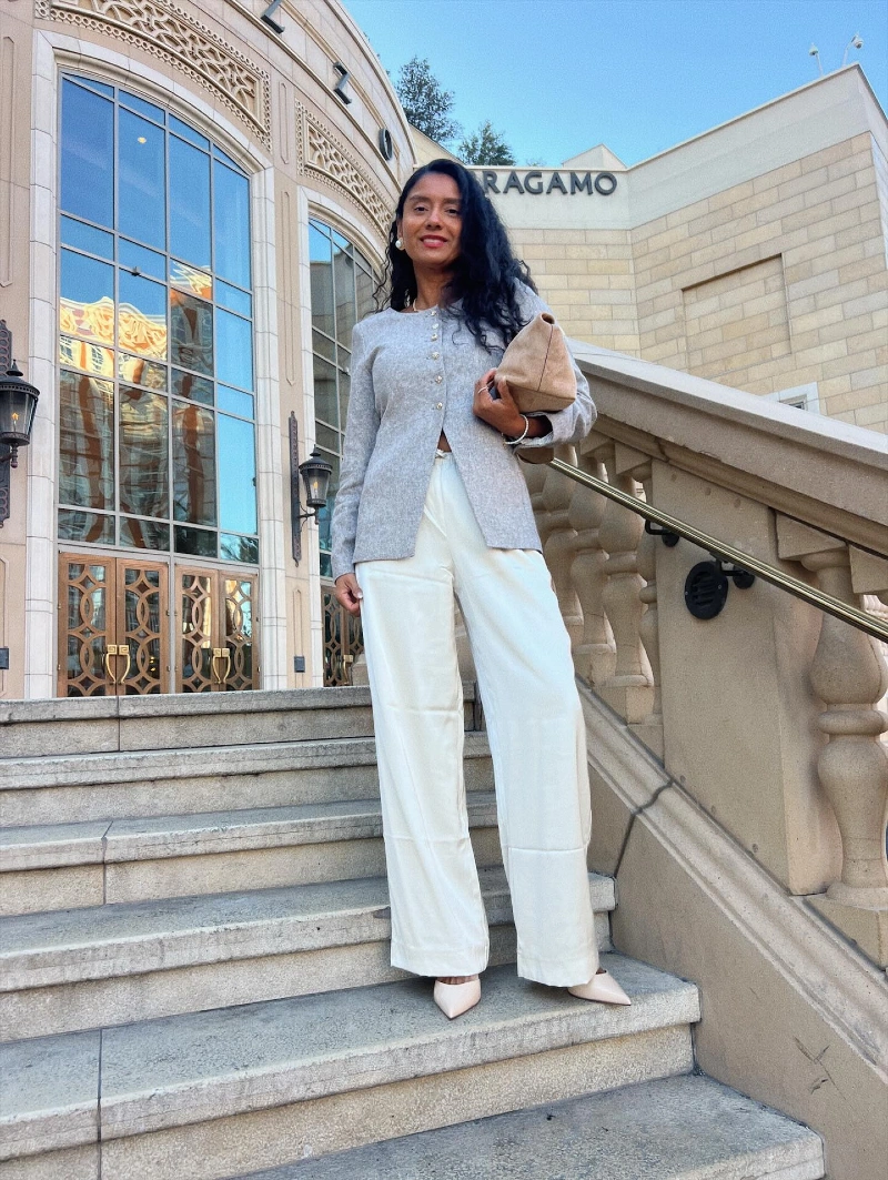 Light Gray Button-Down Cardigan with Ivory Wide-Leg Trousers